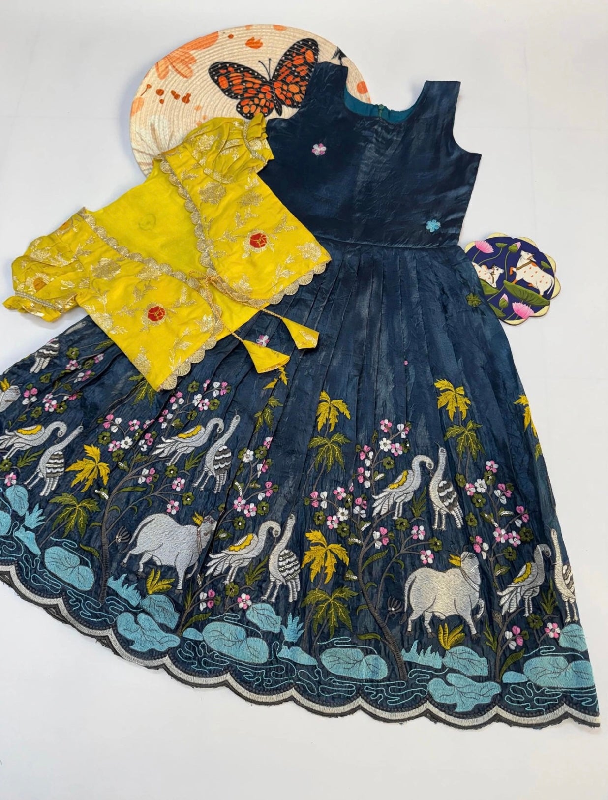 Tissue silk embroidery dress with overcoat kids (1-15 years )
