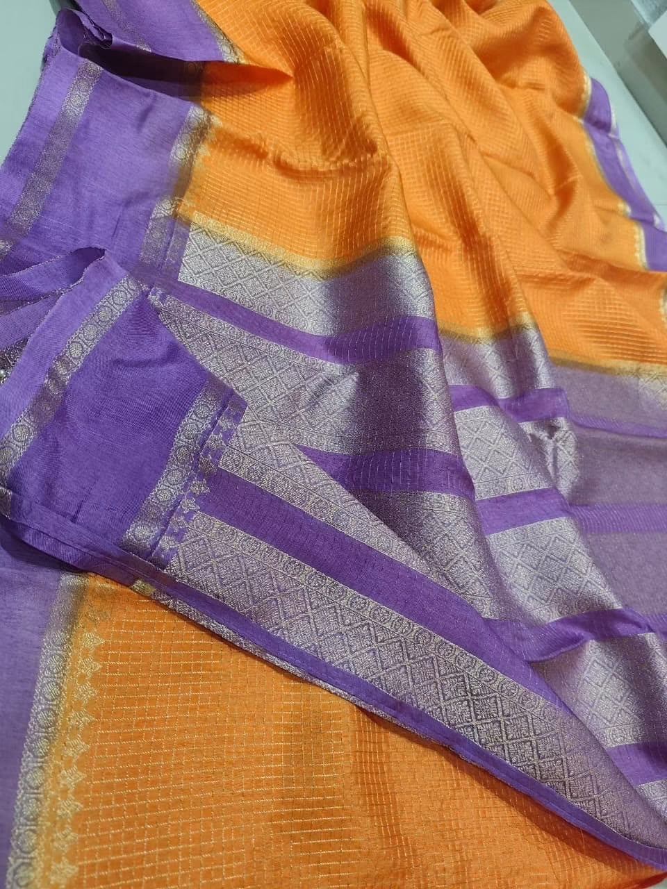 Exclusive banaras crepe silk sarees with checkered weaving gap borders and rich unstitched banaras blouse