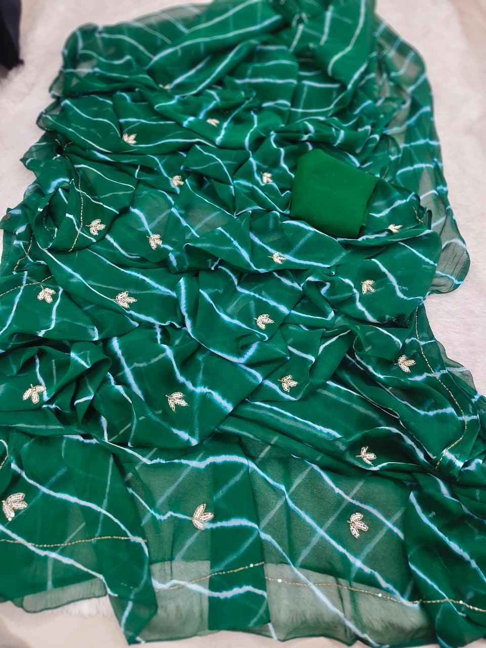 Chiffon lehariya sarees with handwork unstitched blouse
