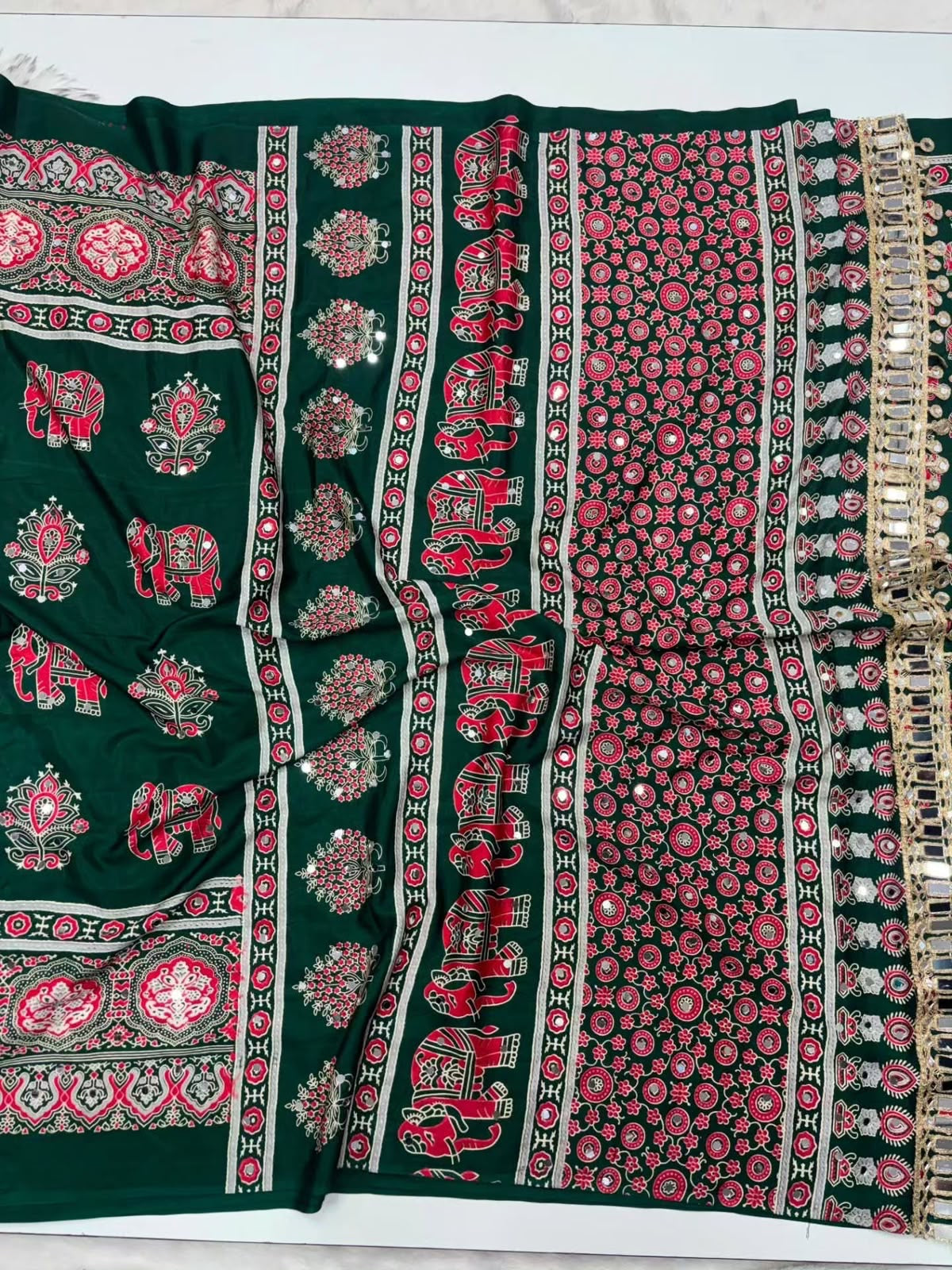 Fancy ajrakh crepe silk sarees with mirrors allover