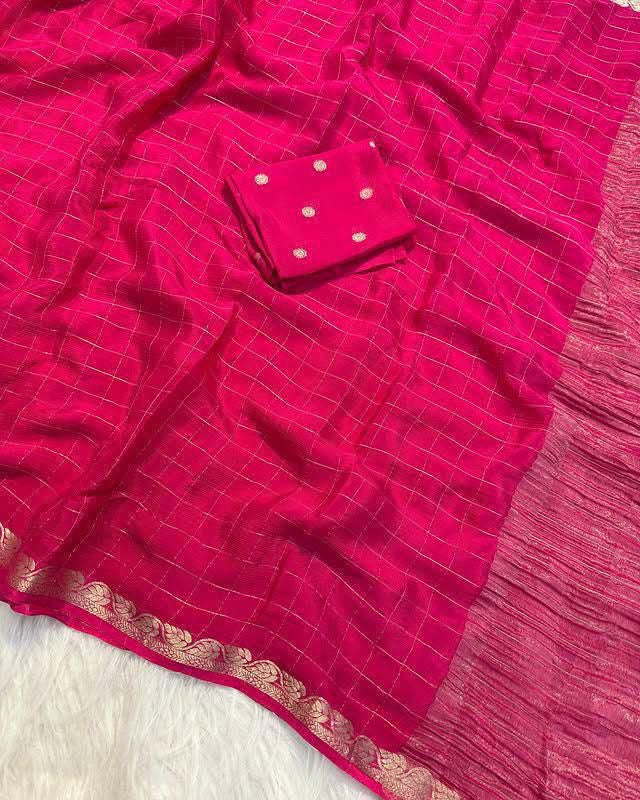 Chinnon sarees with checkered weaving and rich blouse