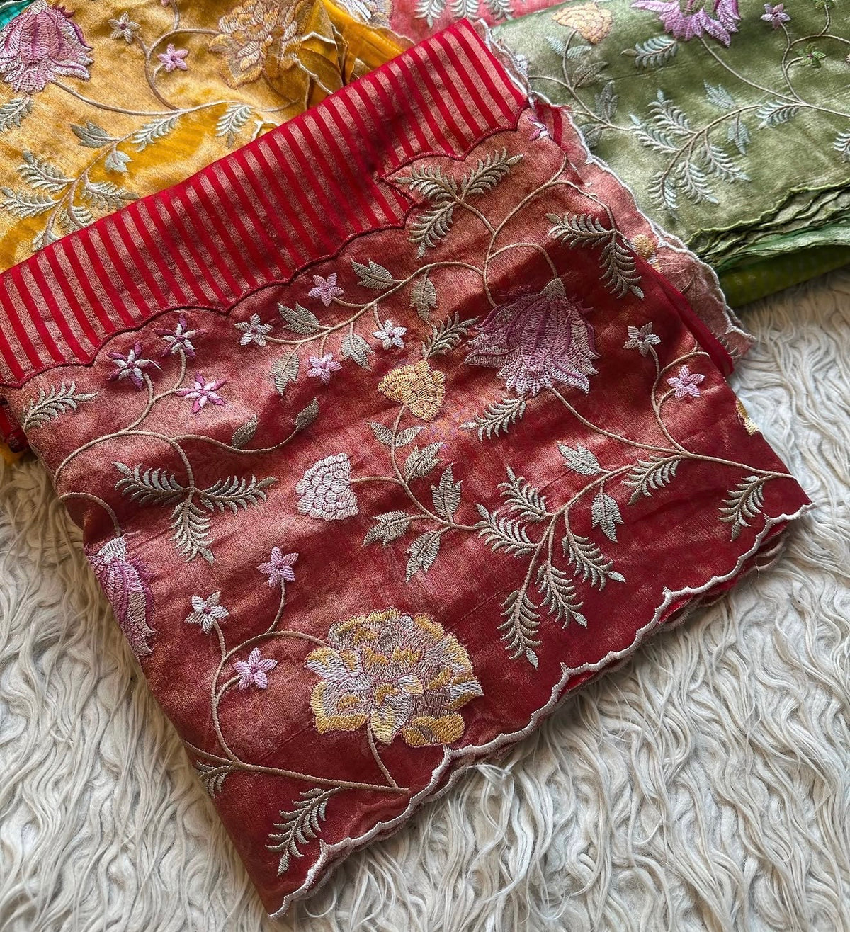 Exclusive banaras tissue stripes sarees with applique scalloped embroidery