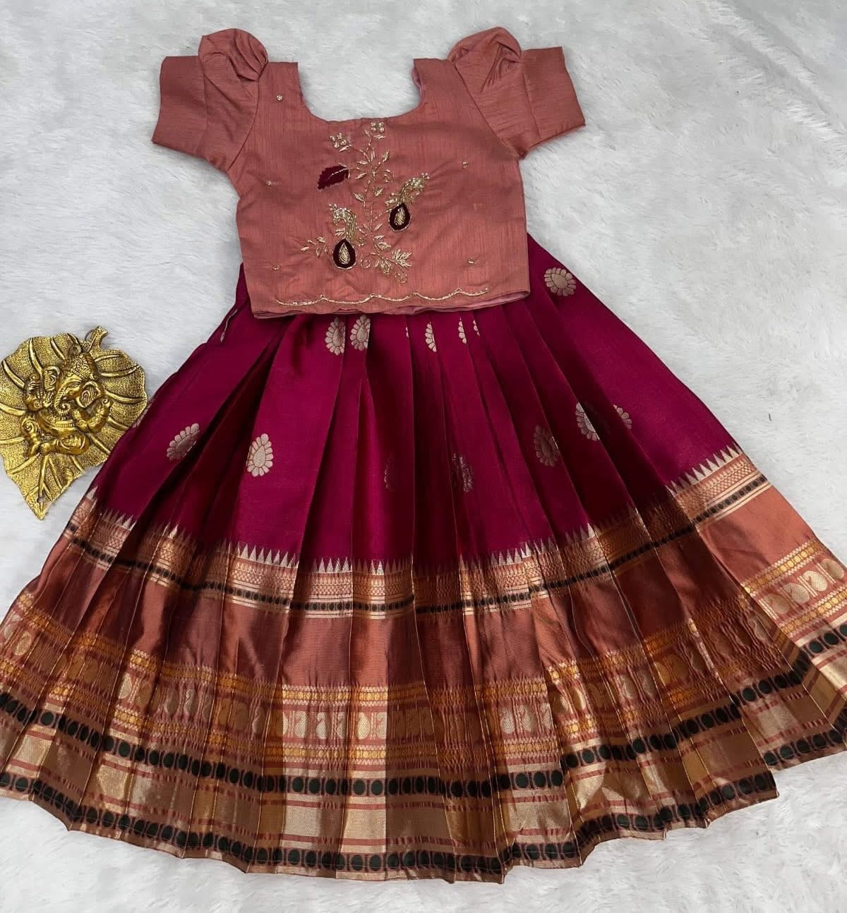 Kids banaras soft silk fully stitched lehangas (1-15 years)