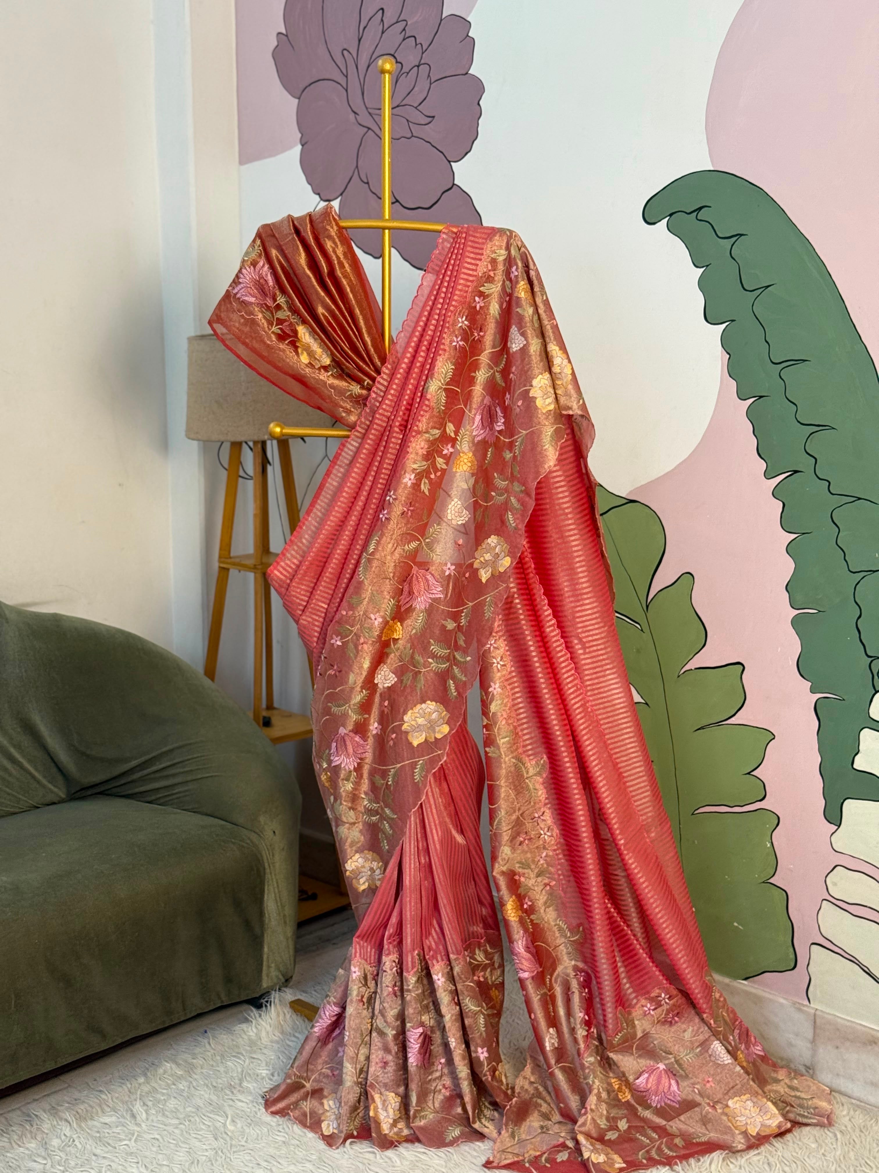 Banaras kora stripes saree with tissue borders and rich embroidery unstitched blouse