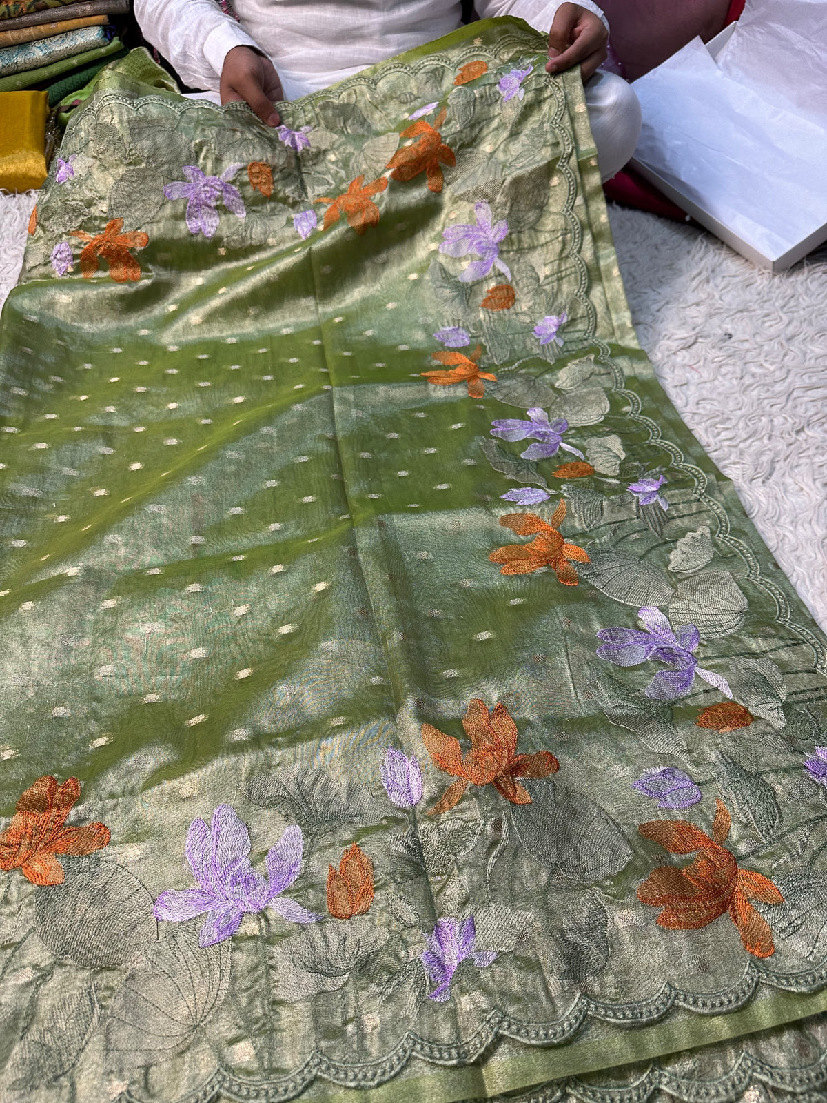Banaras tissue silk sarees with scalloped applique embroidery