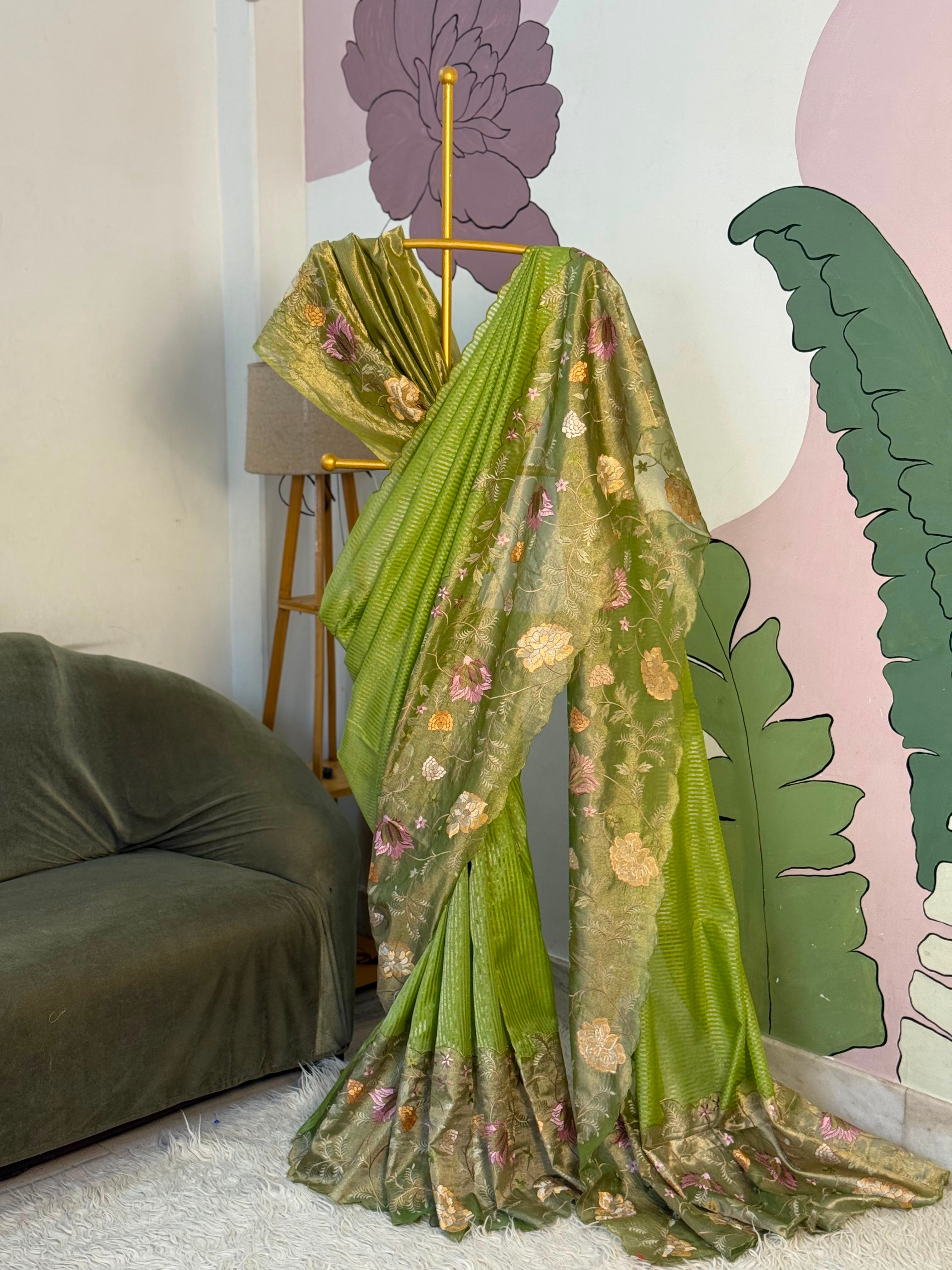 Banaras kora stripes saree with tissue borders and rich embroidery unstitched blouse