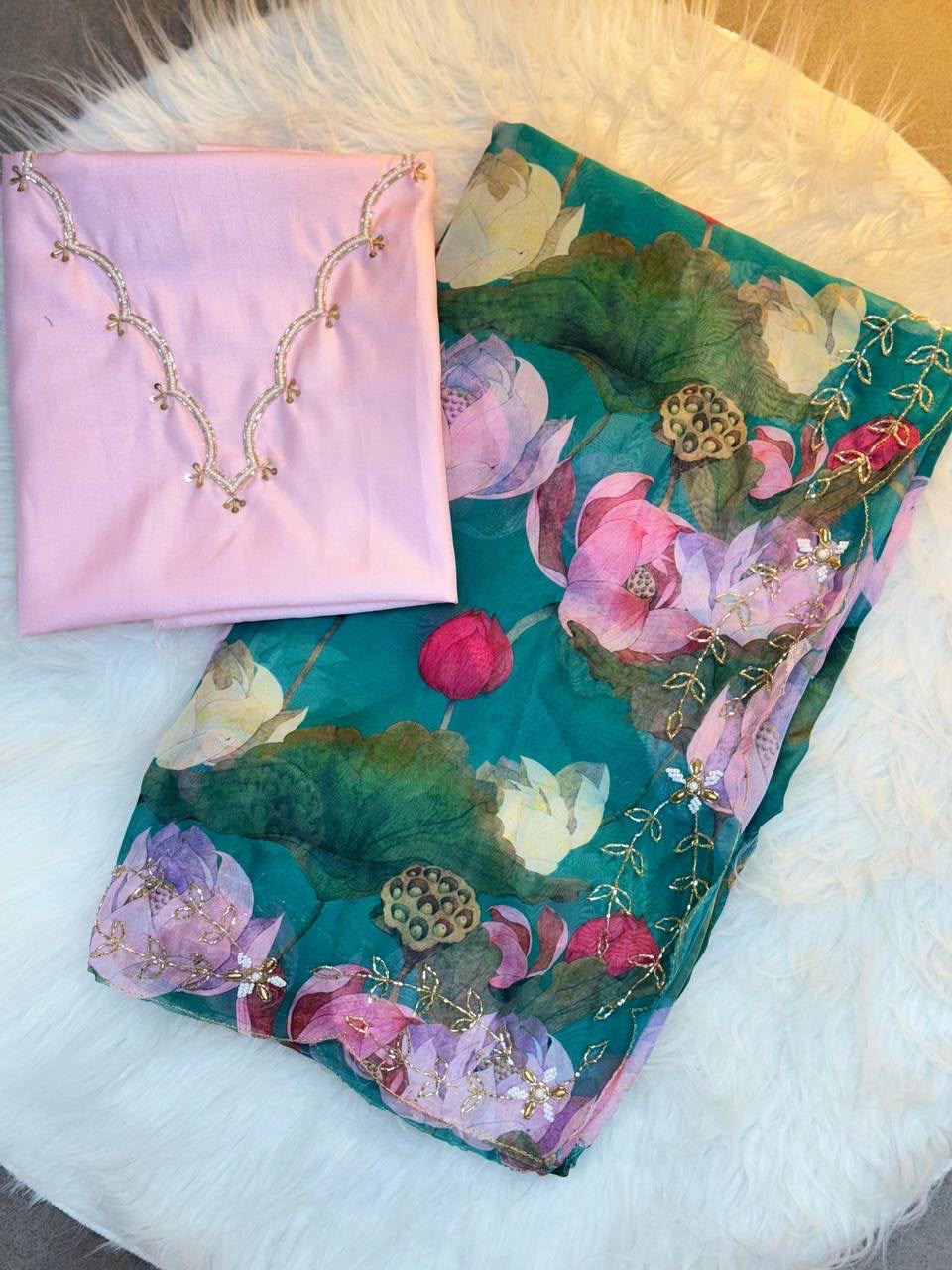 Floral designer organza saree with scalloped handwork and rich blouse