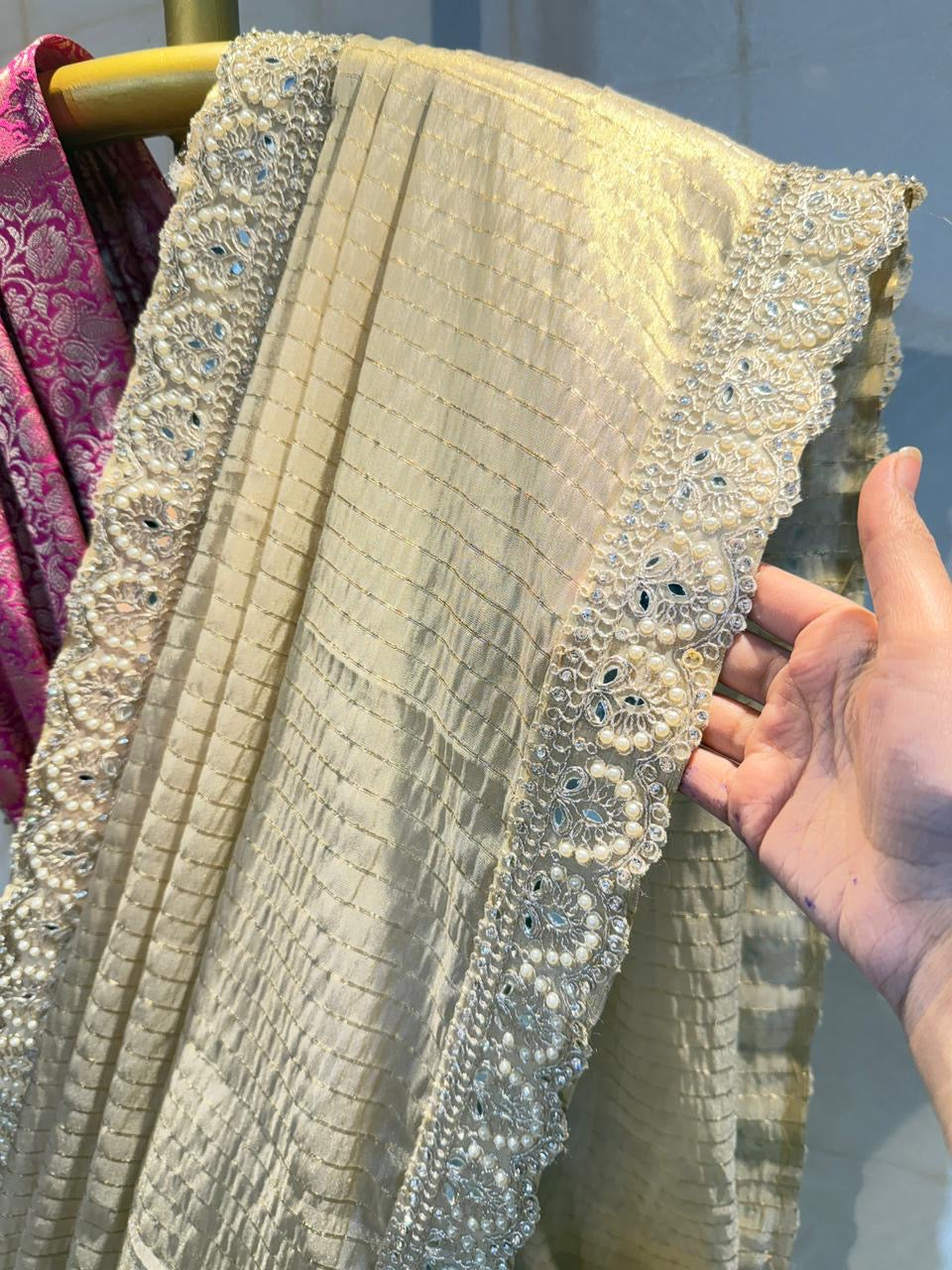 Designer banaras checkered tissue silk saree with rich scalloped borders and unstitched banaras blouse