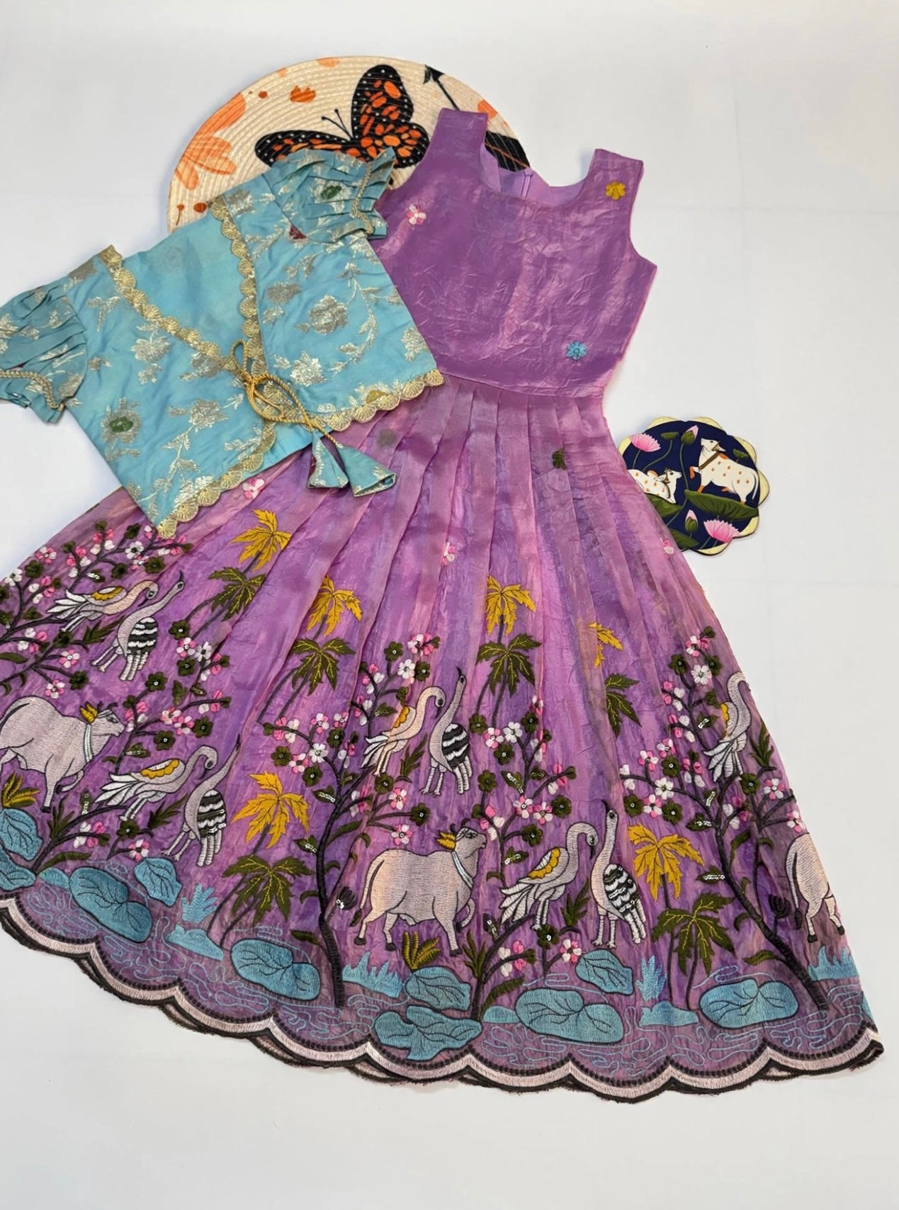 Tissue silk embroidery dress with overcoat kids (1-15 years )