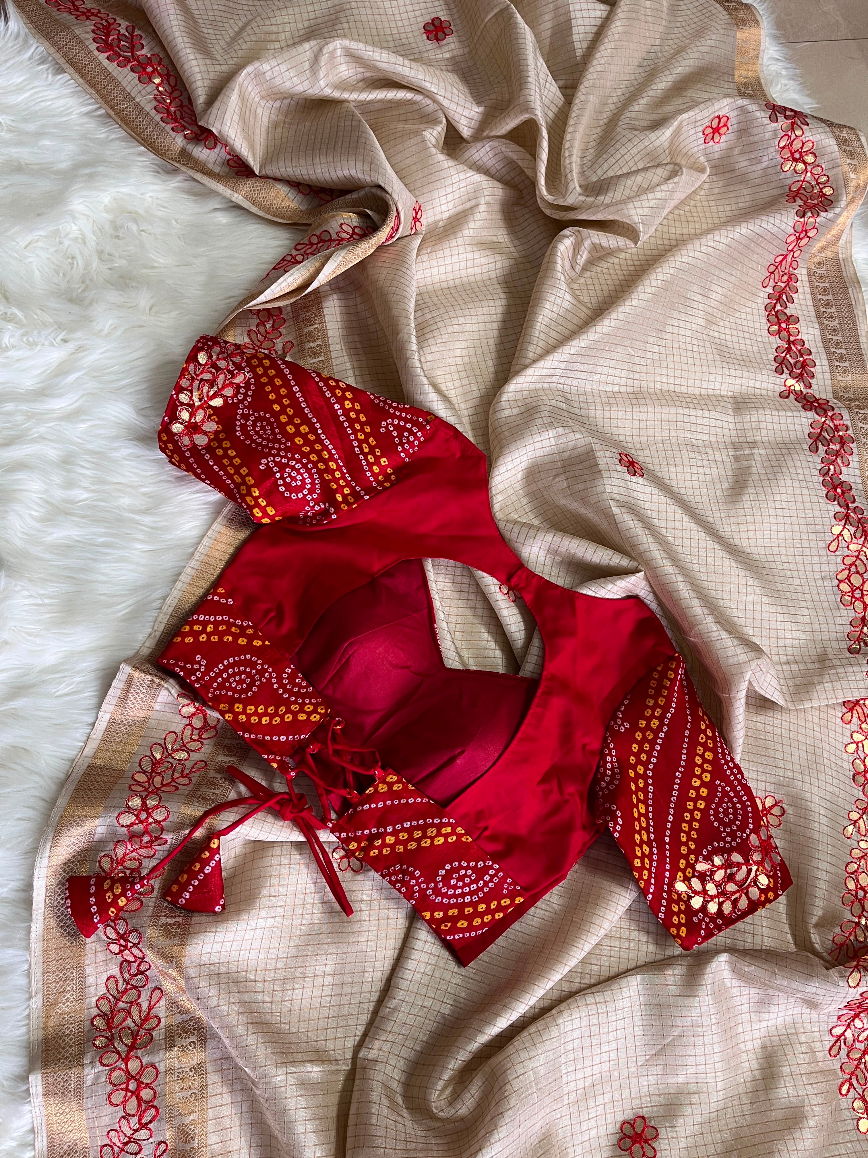 Exclusive fancy tissue checkered silk saree with gottawork and fully stitched blouse ! Dispatch time 5-7 days