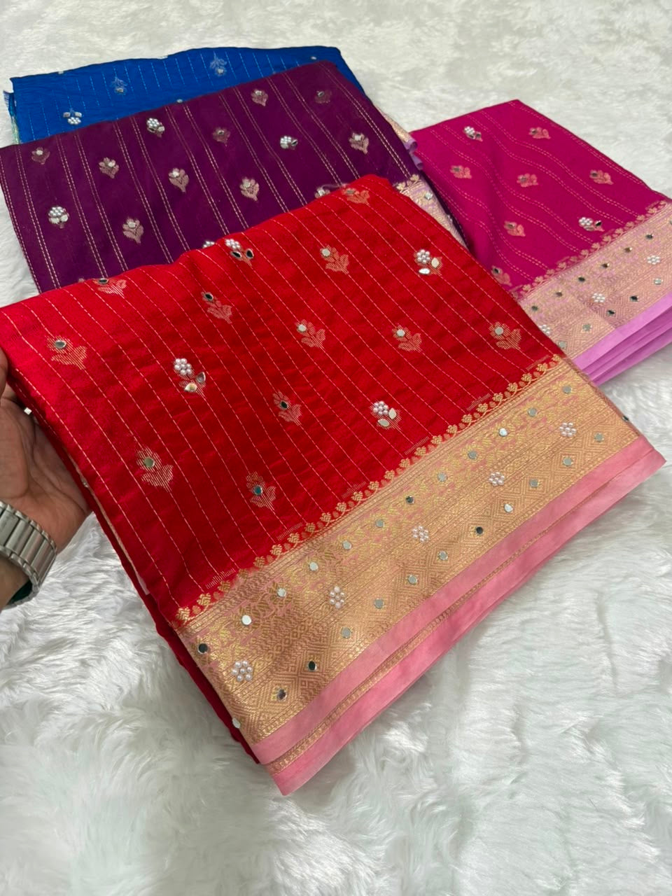 Vintage banaras soft silk sarees with pearl and mirrors designing