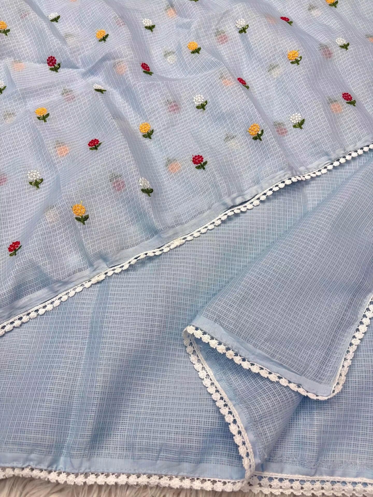 Kota sarees with beautiful scalloped crochet edging and rich embroidery blouse