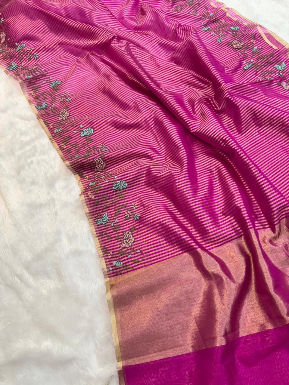 Banaras stripes sarees with intricate petit point work