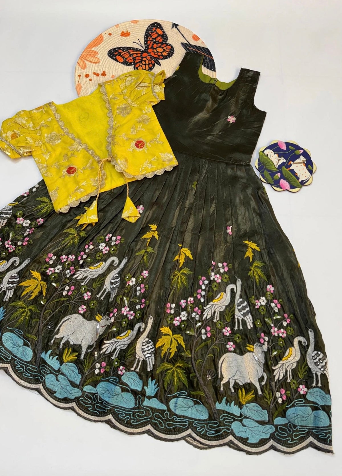 Tissue silk embroidery dress with overcoat kids (1-15 years )