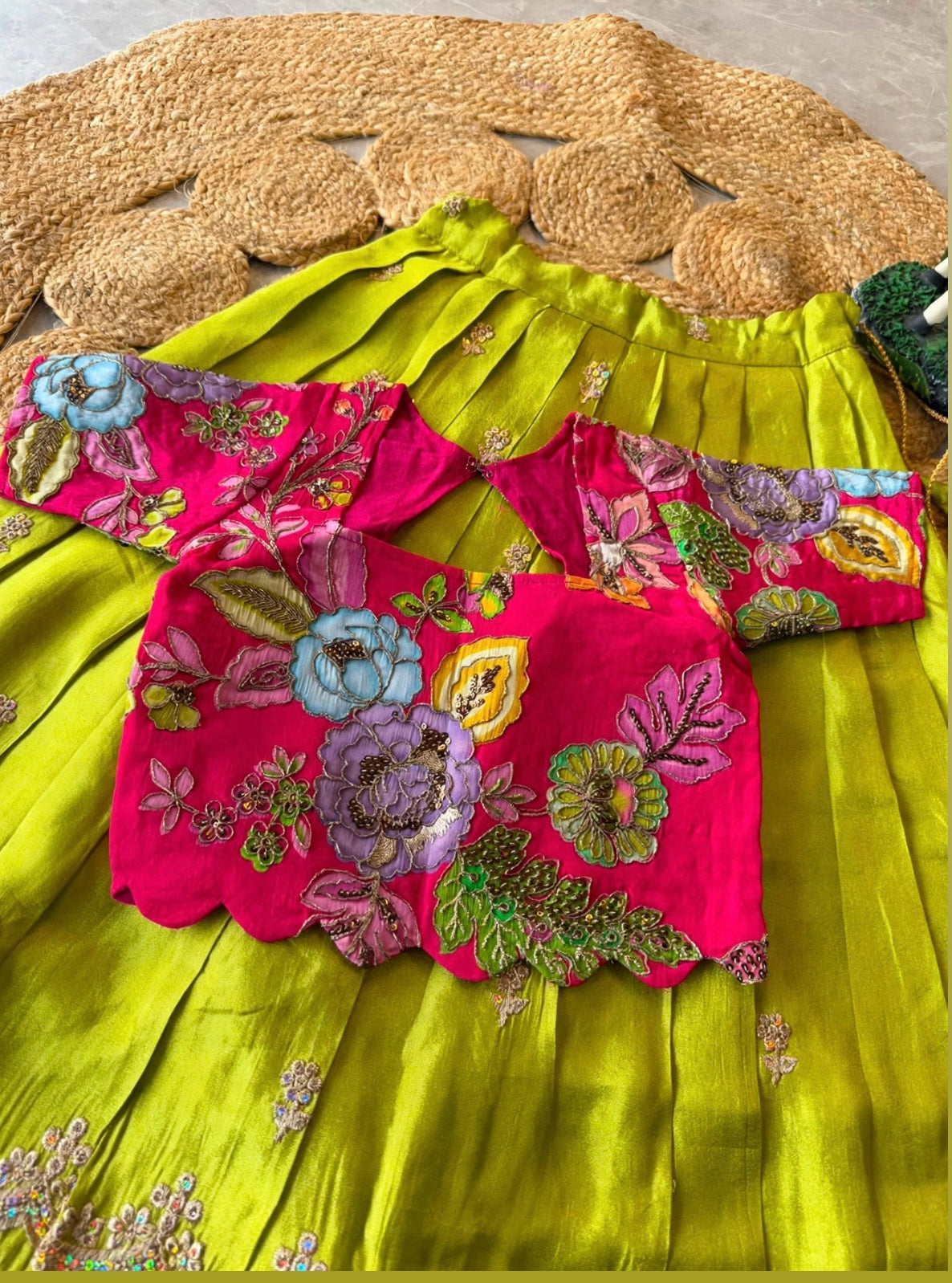Kids fully stitched tissue silk lehangas with scalloped embroidery and designer blouse (1-16 years )