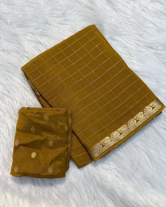 Chinnon sarees with checkered weaving and rich blouse