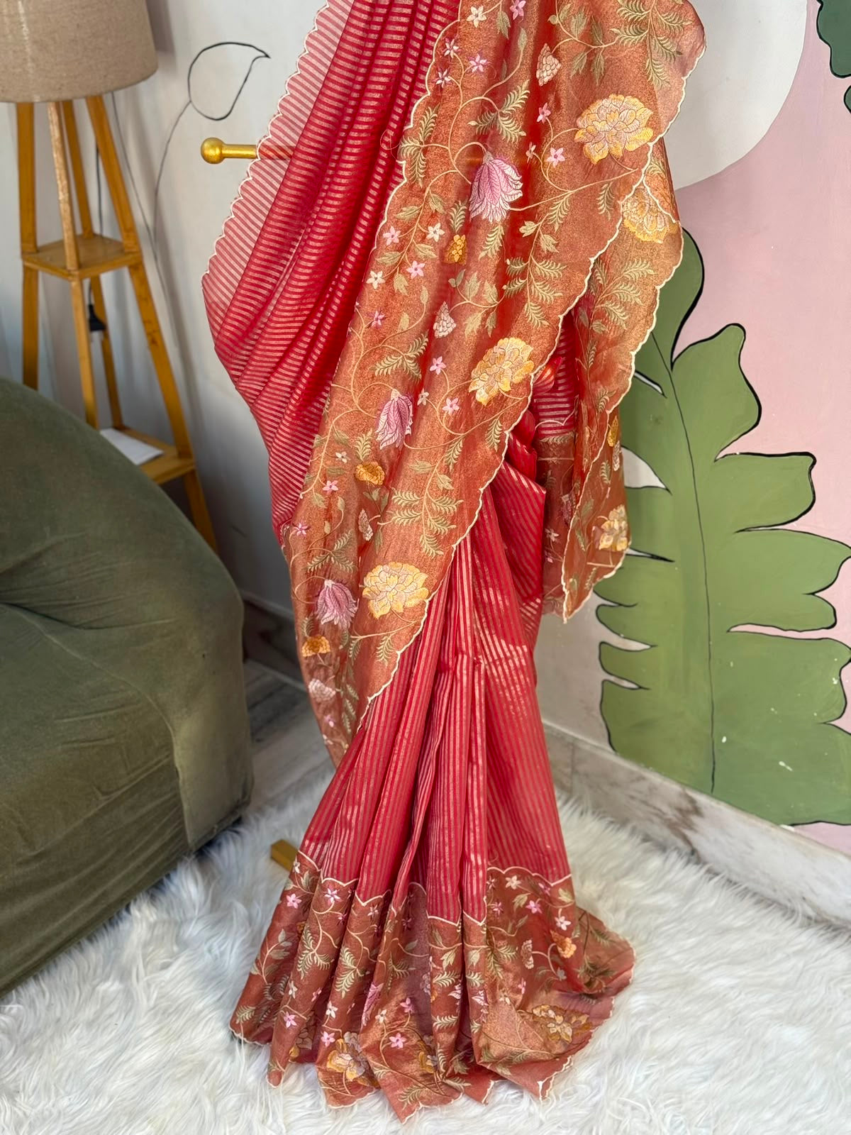 Banaras kora stripes saree with tissue borders and rich embroidery unstitched blouse