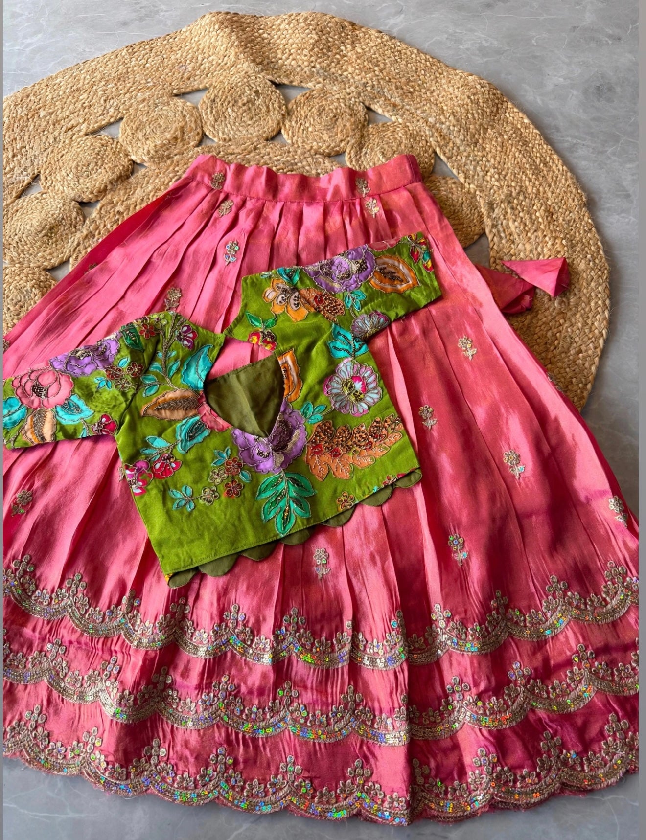 Kids fully stitched tissue silk lehangas with scalloped embroidery and designer blouse (1-16 years )