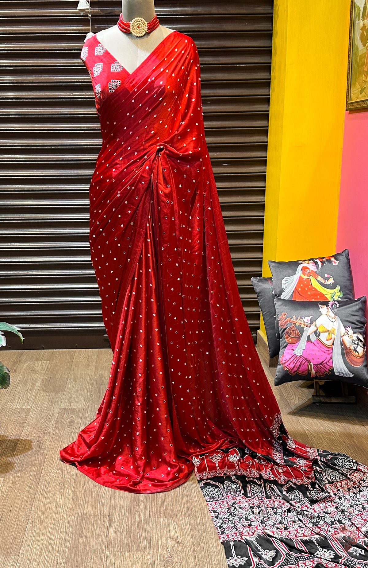 Fancy ajrakh silk sarees with mirrors allover