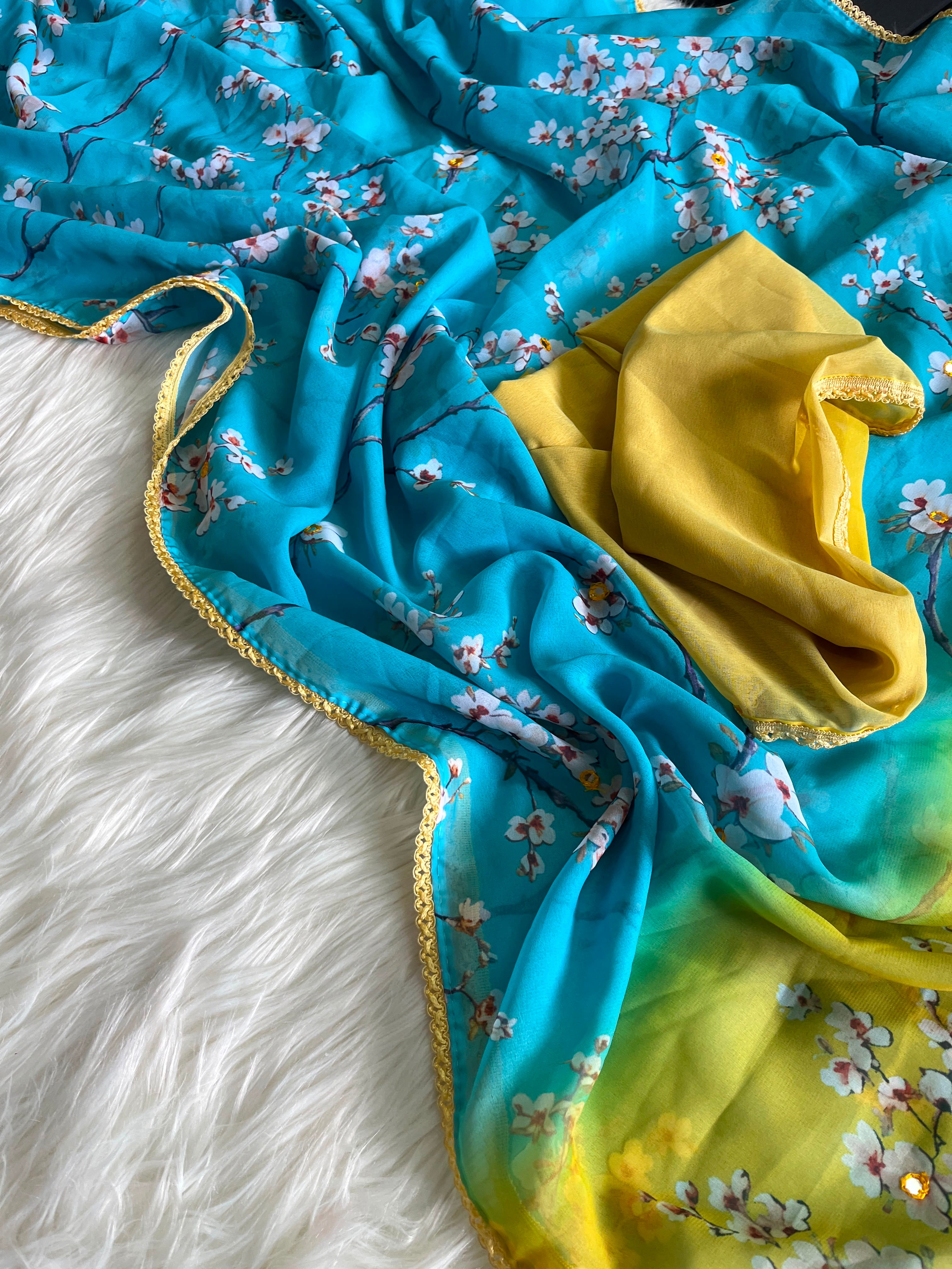 Georgette designer sarees with crochet borders and blouse