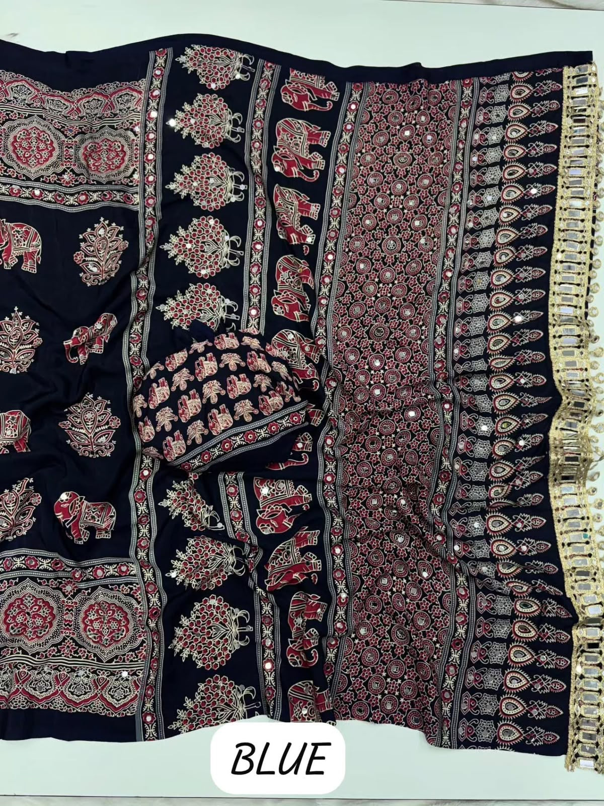 Fancy ajrakh crepe silk sarees with mirrors allover