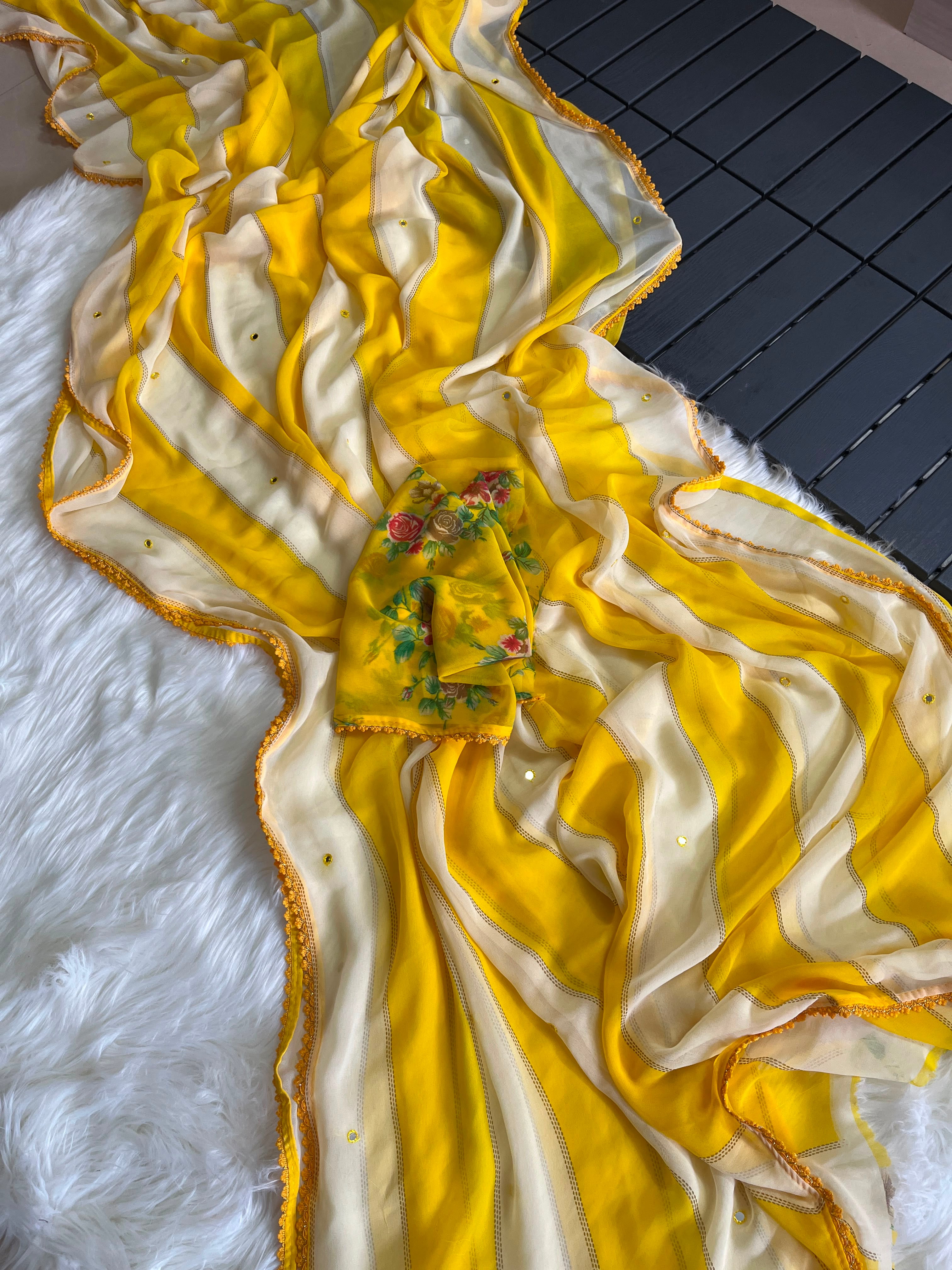 Georgette mirror work saree with floral blouse