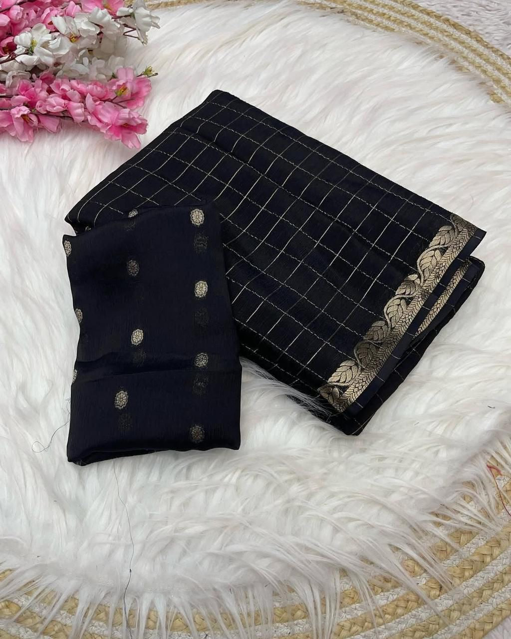 Chinnon sarees with checkered weaving and rich blouse
