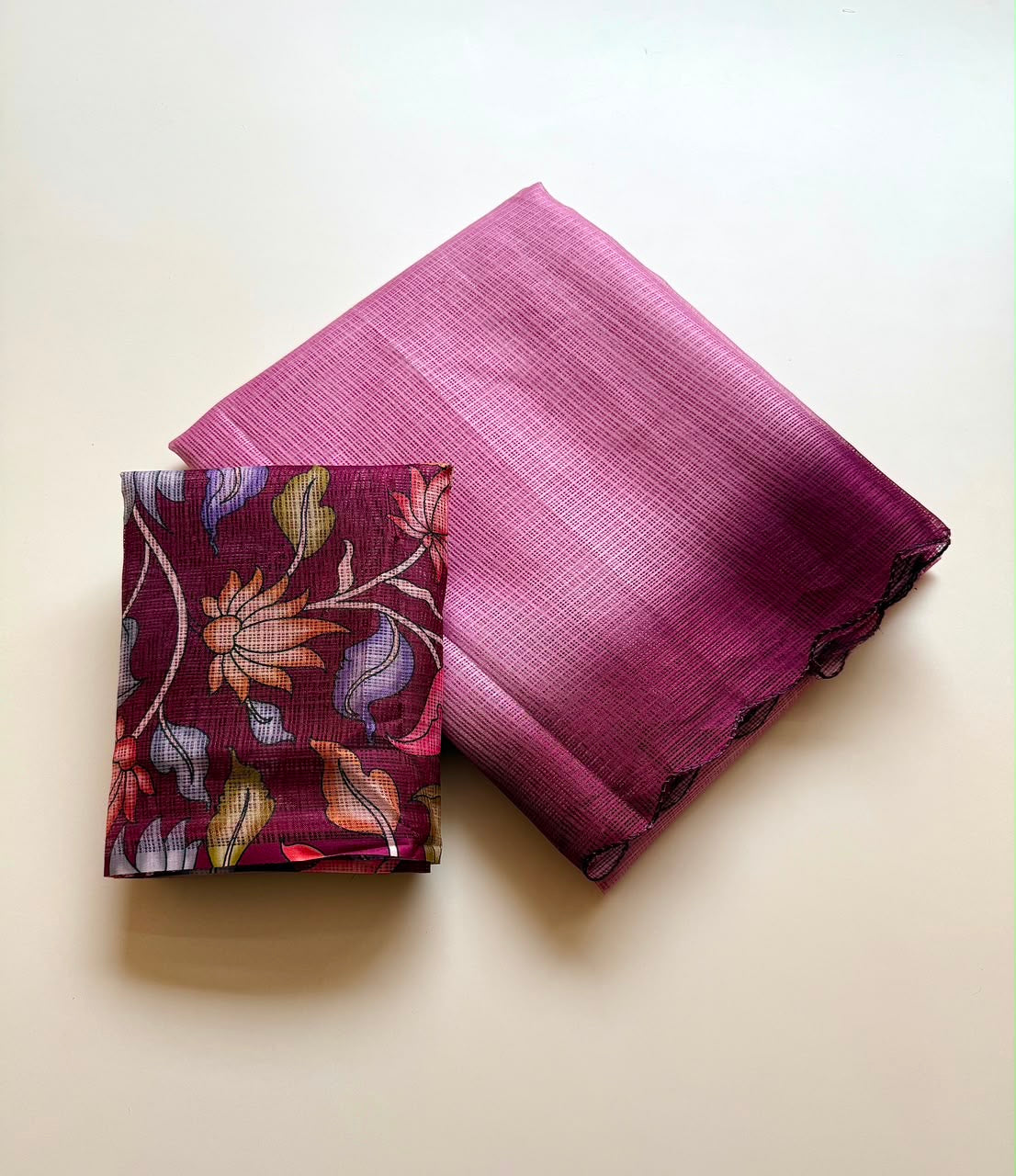 Shaded kota sarees with scalloped borders and kalamkari unstitched blouse