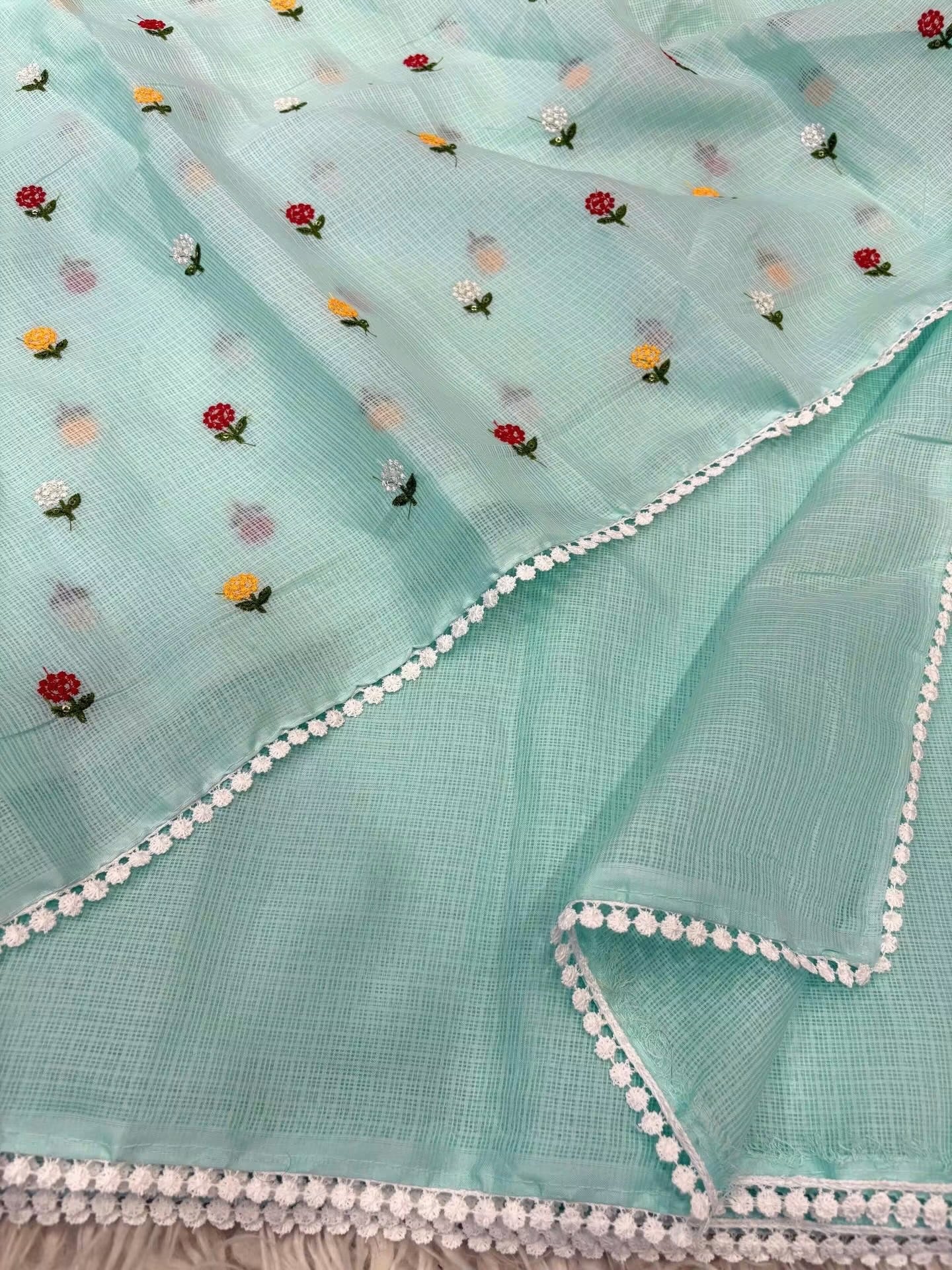Kota sarees with beautiful scalloped crochet edging and rich embroidery blouse