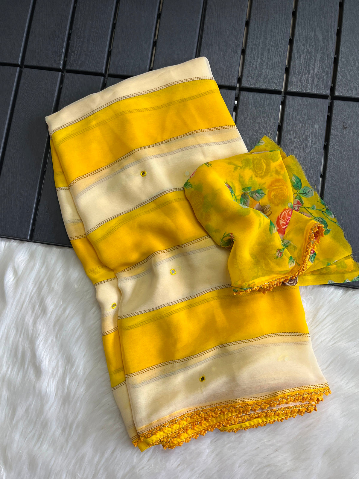 Georgette mirror work saree with floral blouse