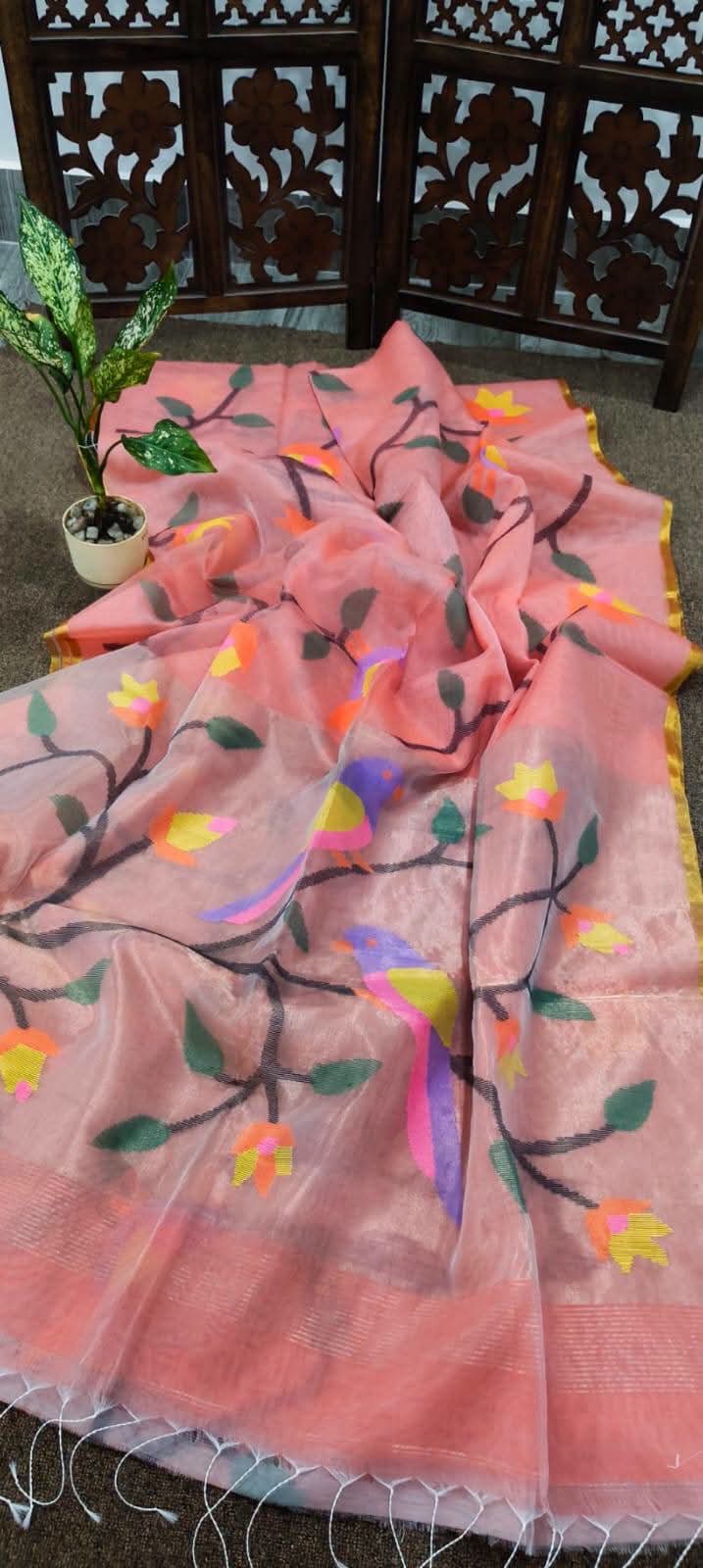 Pure muslin jamdani silk sarees with allover weaving paithani pallu