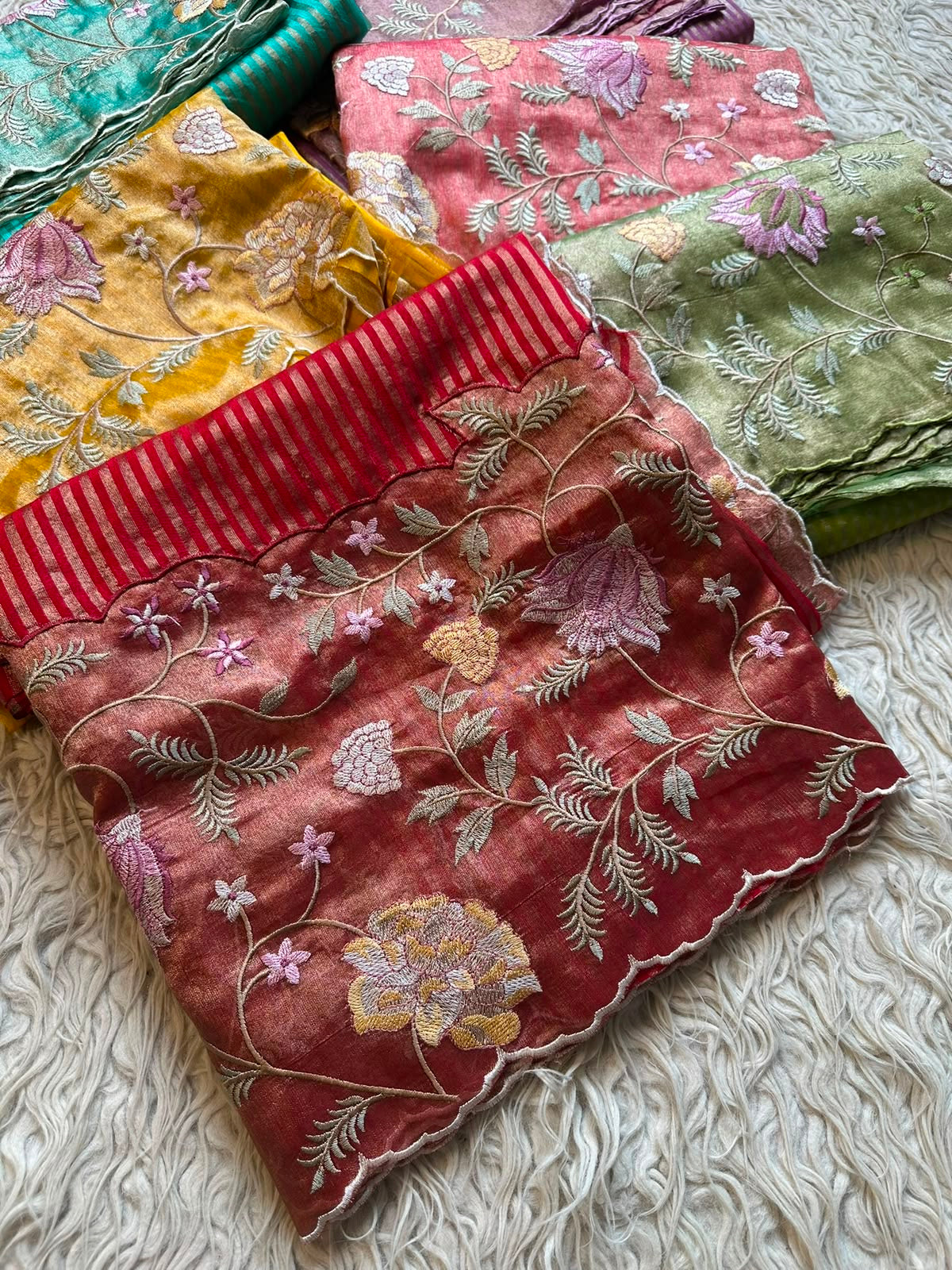 Banaras kora stripes saree with tissue borders and rich embroidery unstitched blouse