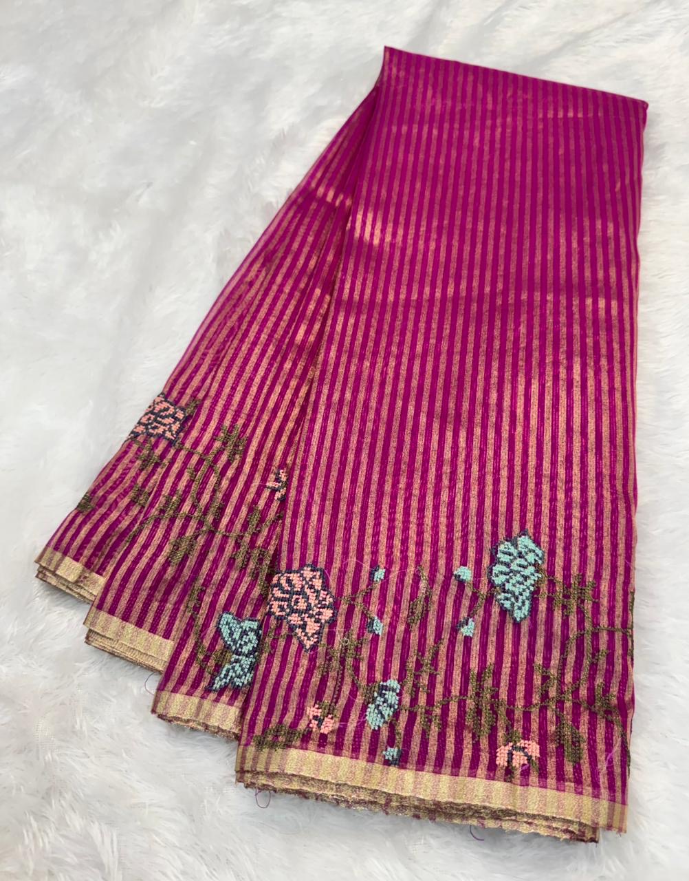 Banaras stripes sarees with intricate petit point work