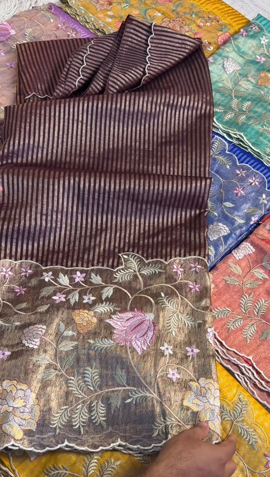 Exclusive banaras tissue stripes sarees with applique scalloped embroidery