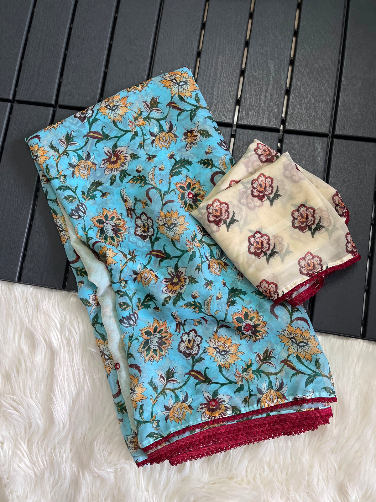 Georgette designer sarees with crochet borders and blouse