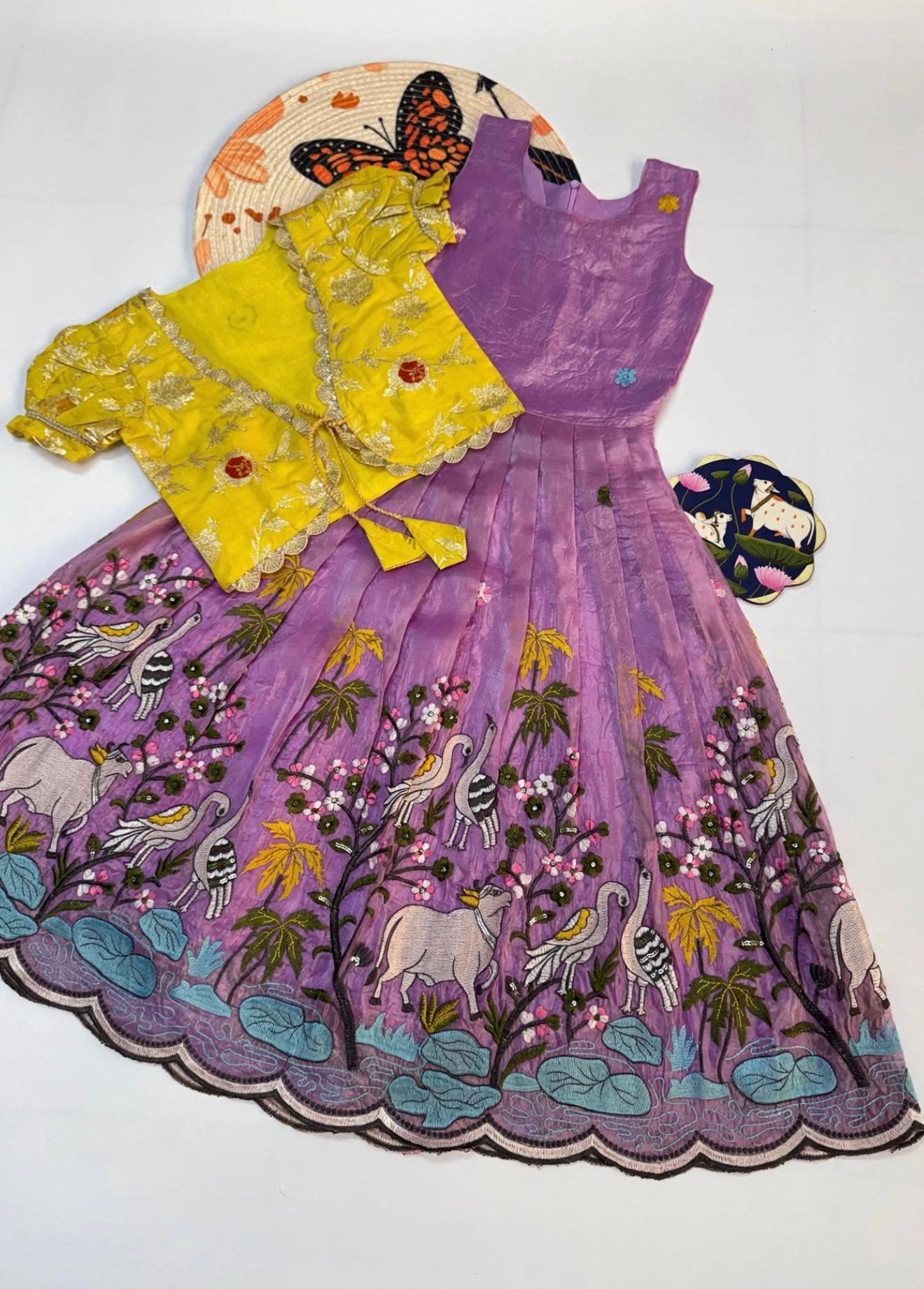 Tissue silk embroidery dress with overcoat kids (1-15 years )