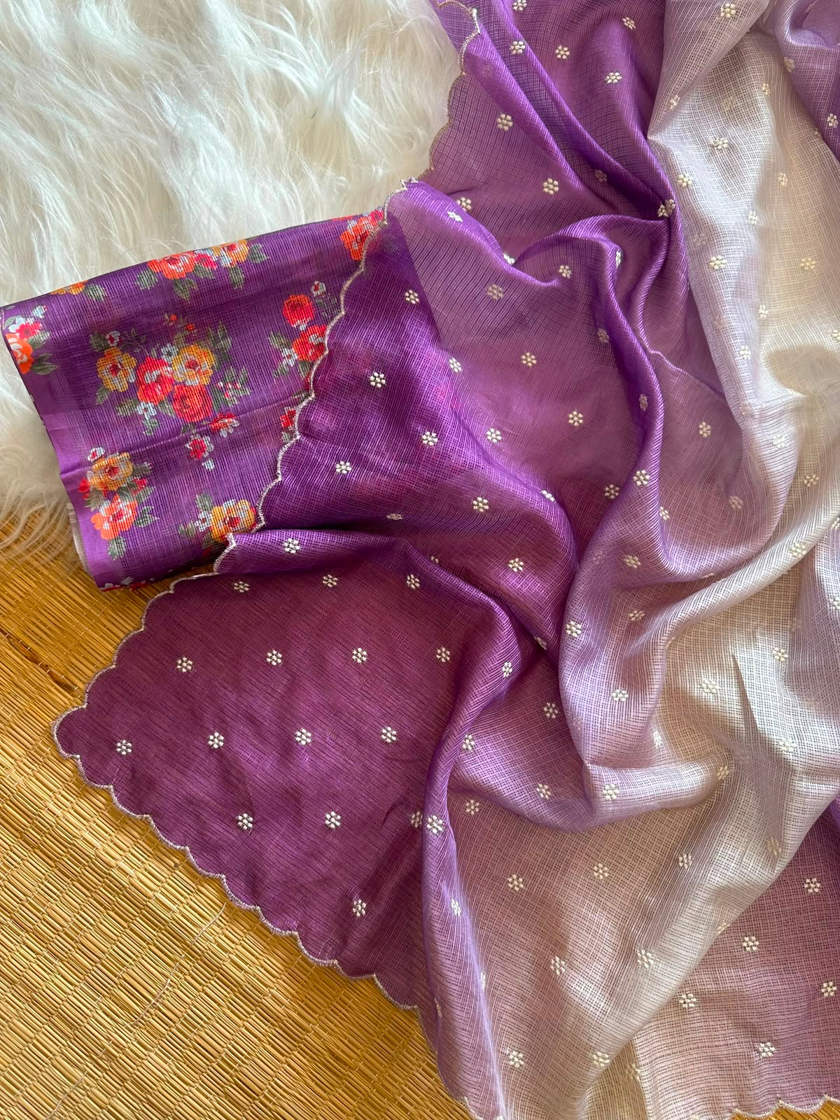 Shaded kota sarees with floral blouse scalloped borders