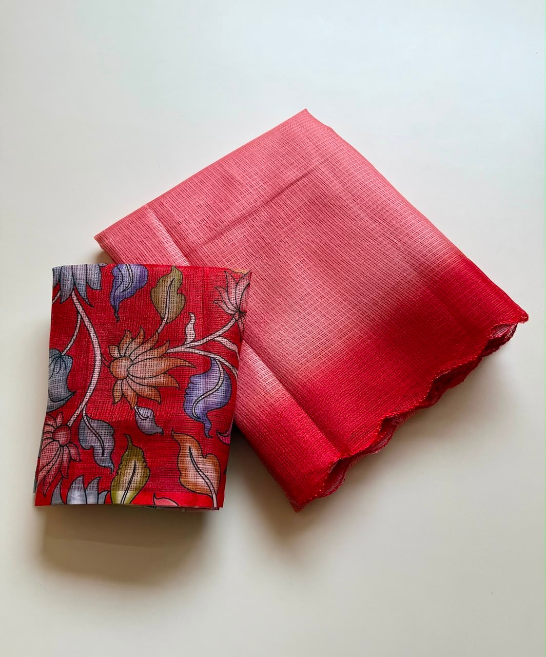 Shaded kota sarees with scalloped borders and kalamkari unstitched blouse
