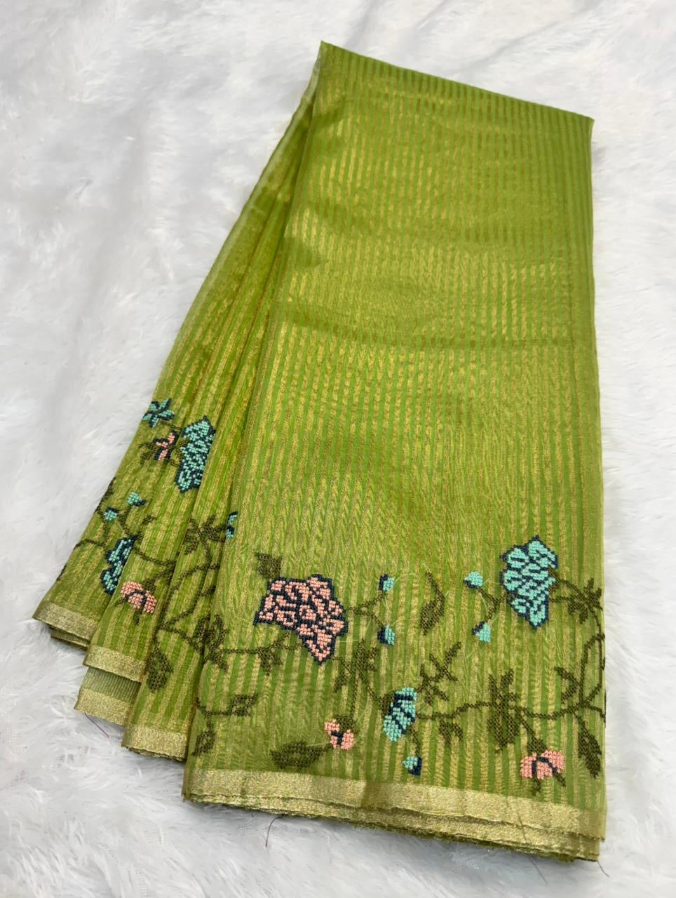 Banaras stripes sarees with intricate petit point work