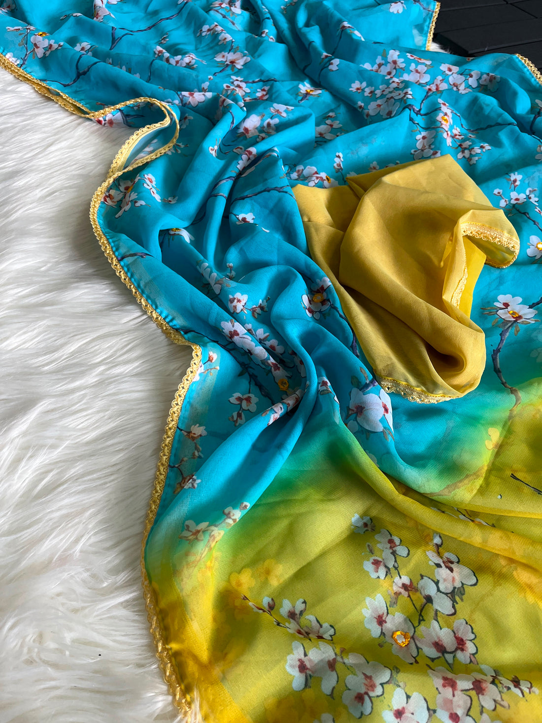 Georgette designer sarees with crochet borders and blouse