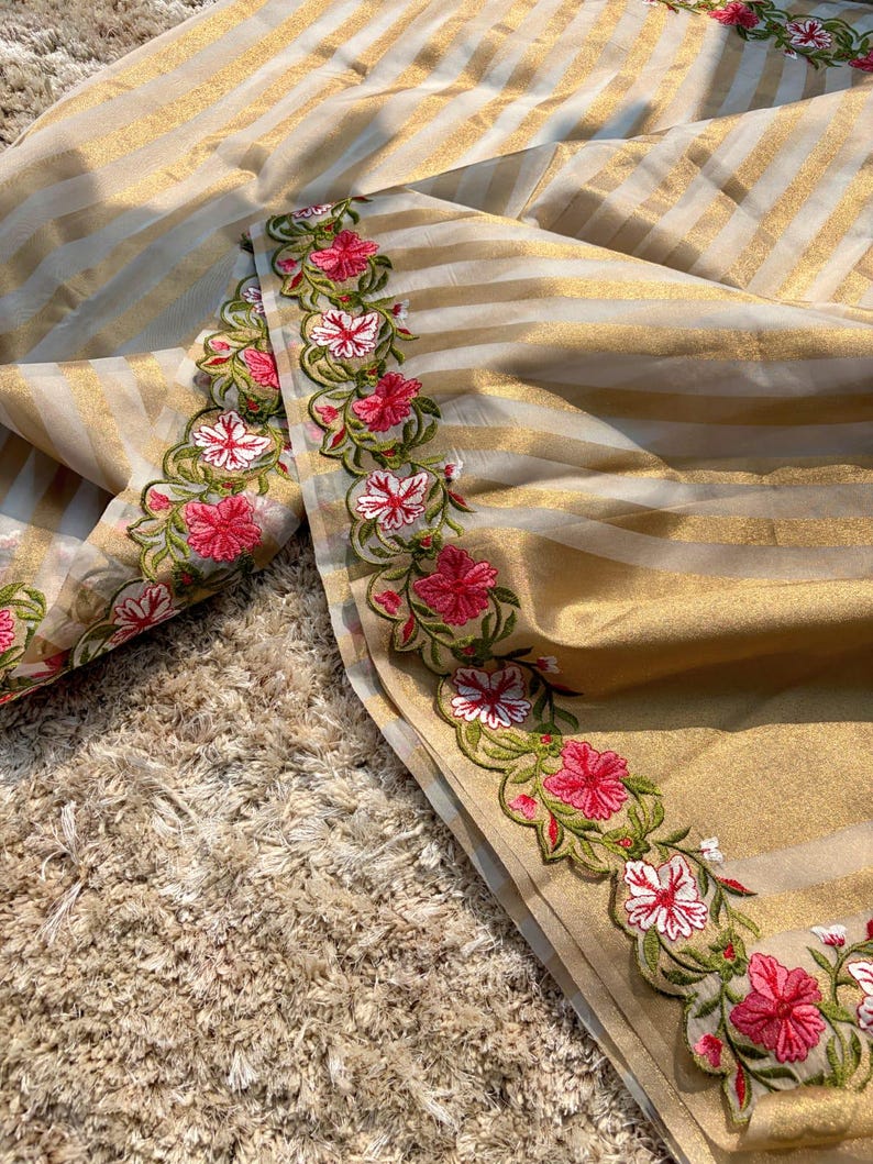 Banaras stripes sarees with scalloped embroidery