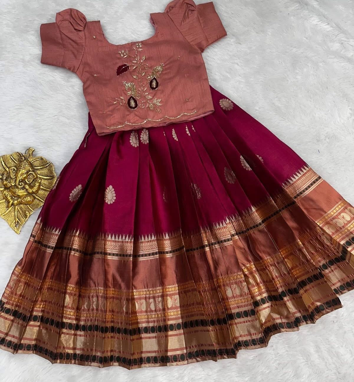 Kids banaras soft silk fully stitched lehangas (1-15 years)