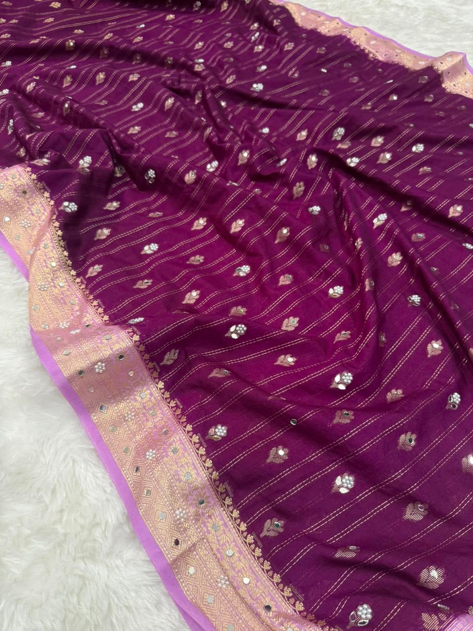 Vintage banaras soft silk sarees with pearl and mirrors designing