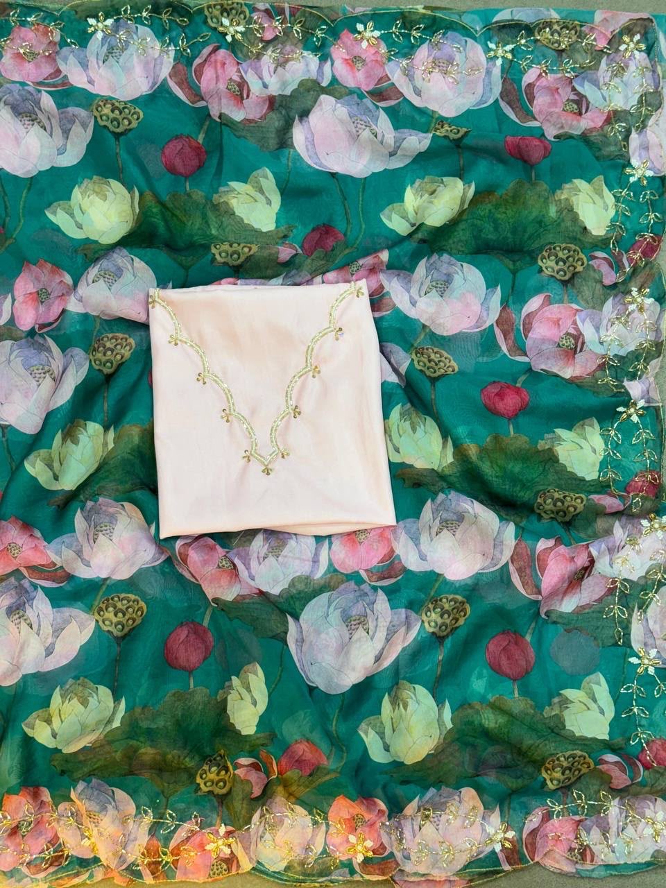 Floral designer organza saree with scalloped handwork and rich blouse