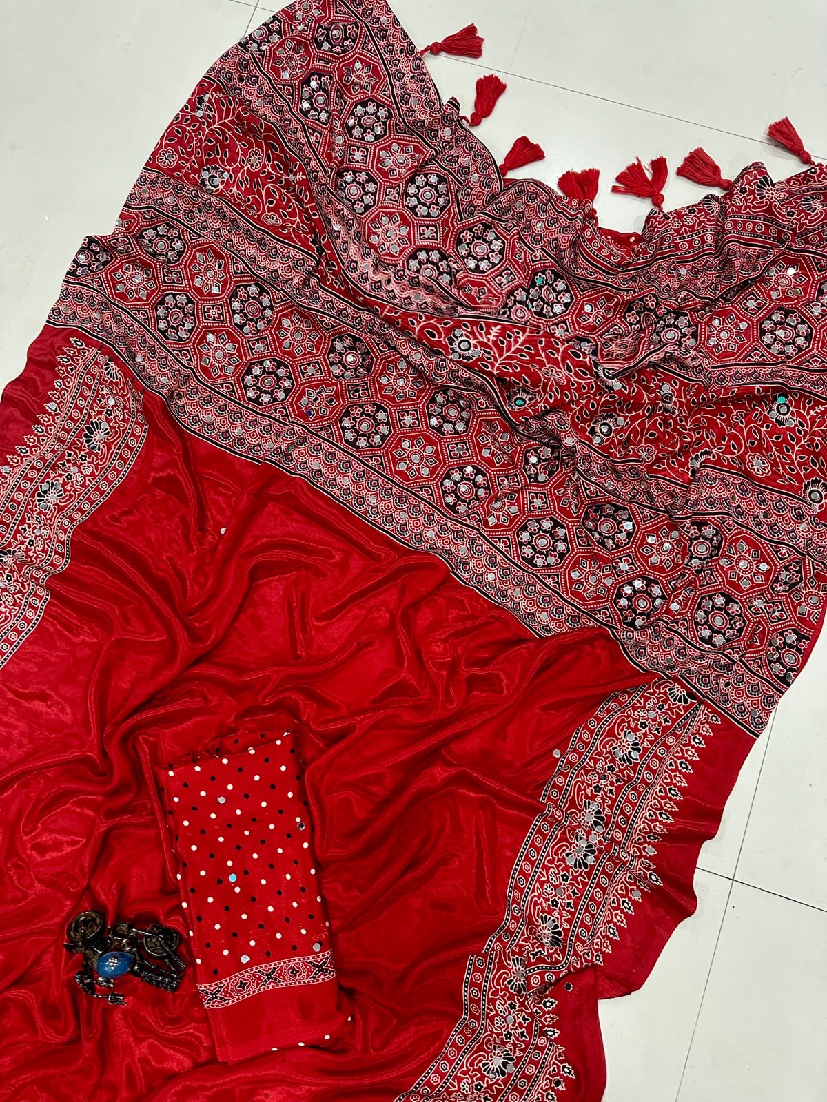 Fancy ajrakh crepe silk saree with mirrors