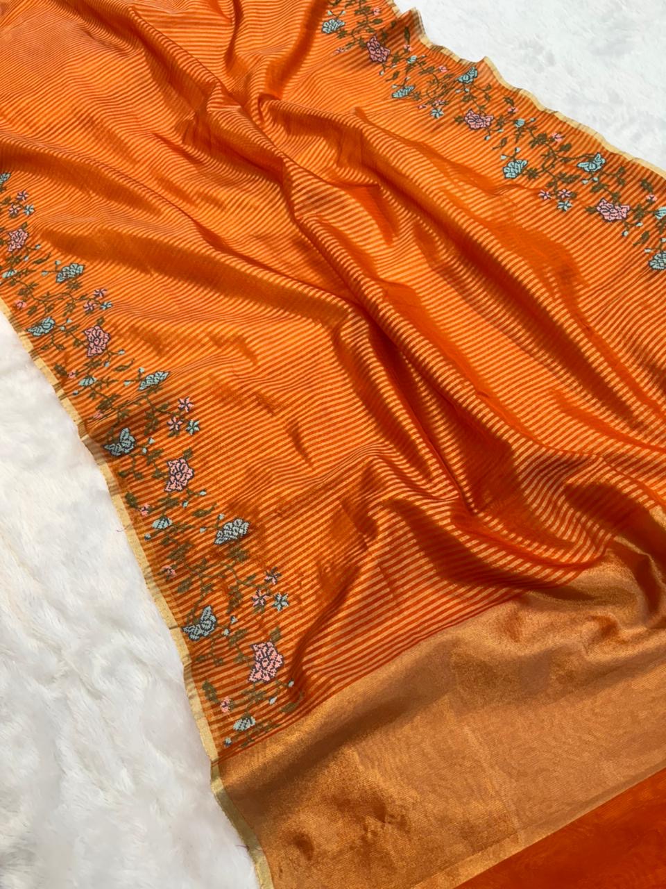 Banaras stripes sarees with intricate petit point work