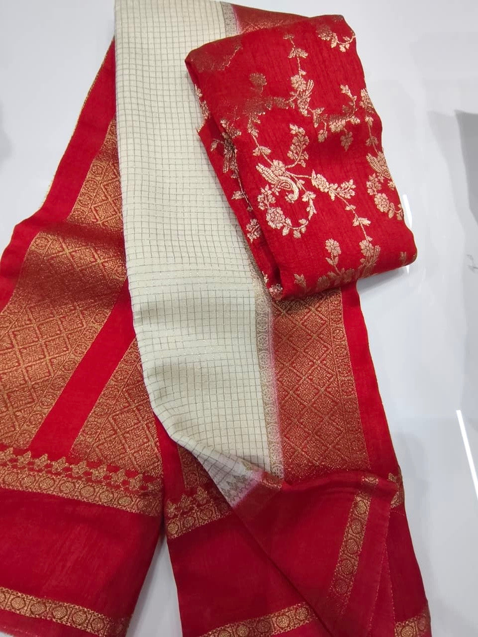 Exclusive banaras crepe silk sarees with checkered weaving gap borders and rich unstitched banaras blouse