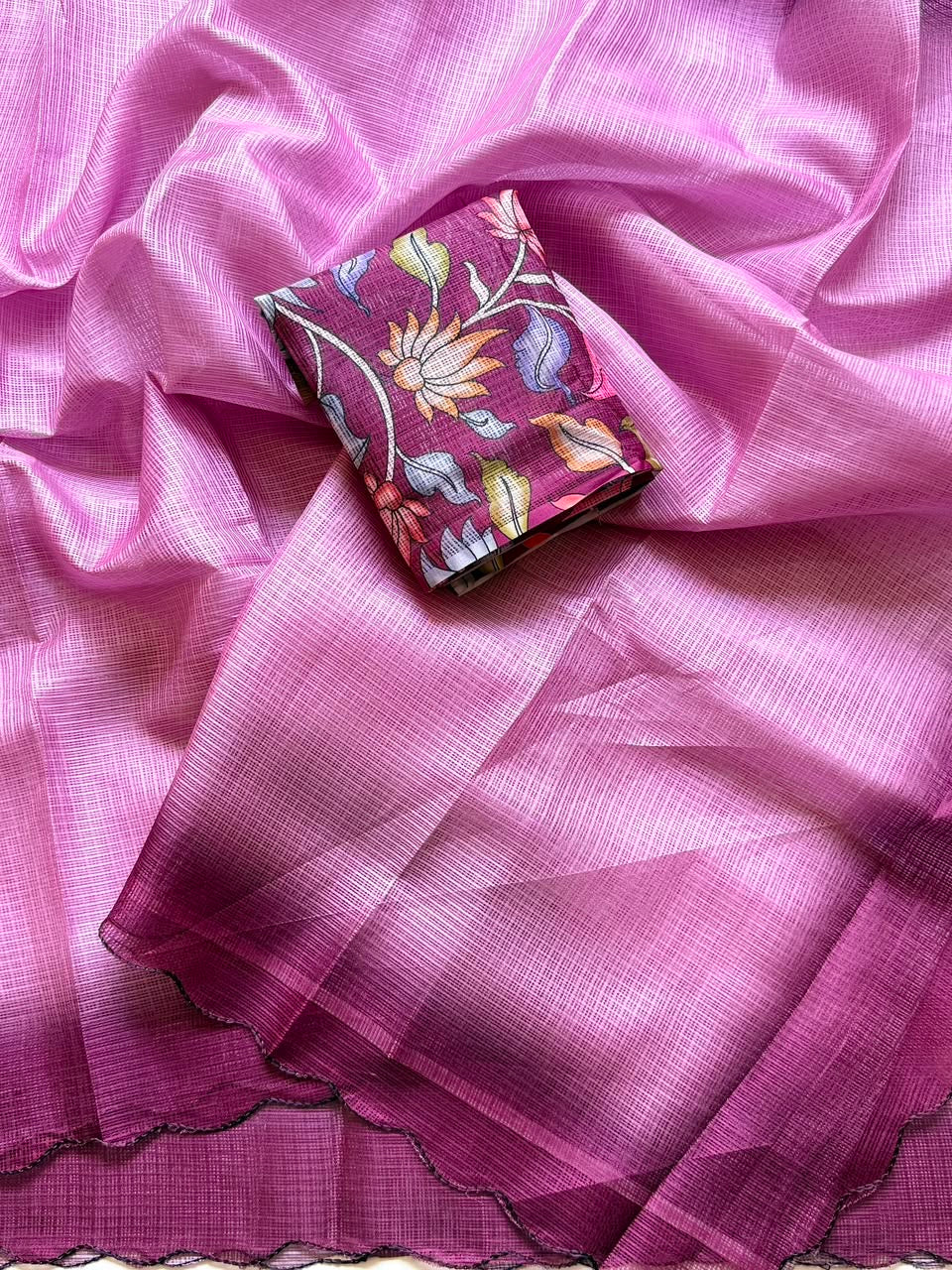 Shaded kota sarees with scalloped borders and kalamkari unstitched blouse