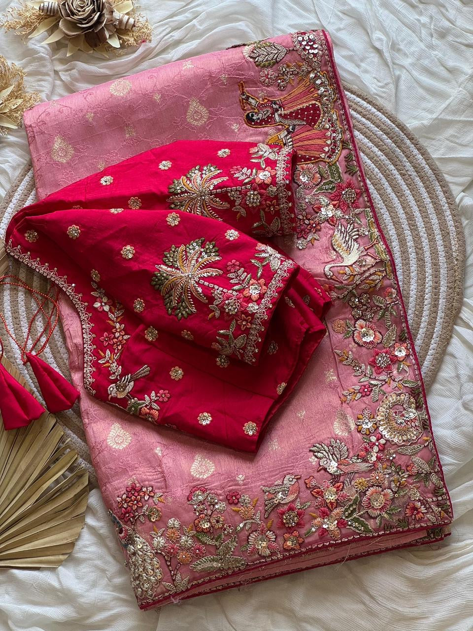 Designed munga silk sarees with intricate embroidery and fully stitched blouse