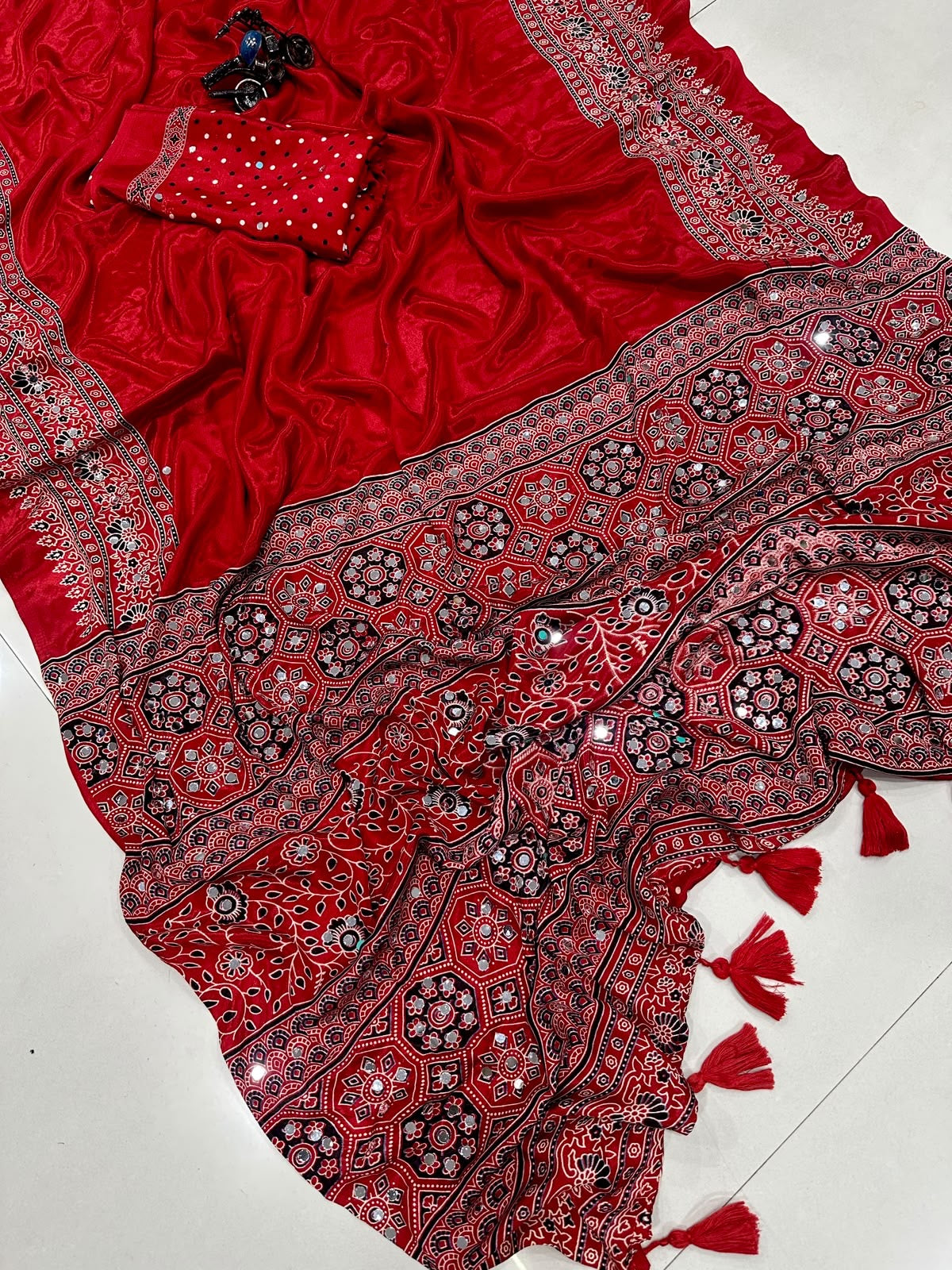 Fancy ajrakh crepe silk saree with mirrors